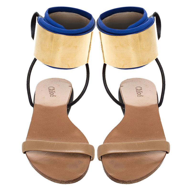 Chloe Blue/Beige Leather And Nylon Ankle Cuff Flat Sandals Size 38