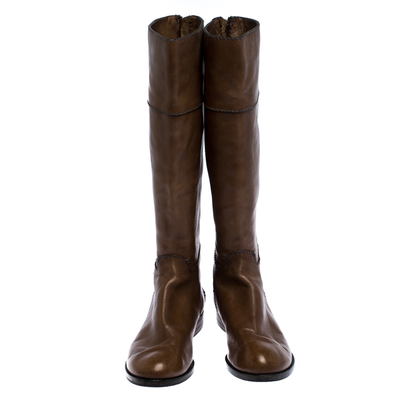 Chloe Brown Leather Knee Length Flat Boots Size 42