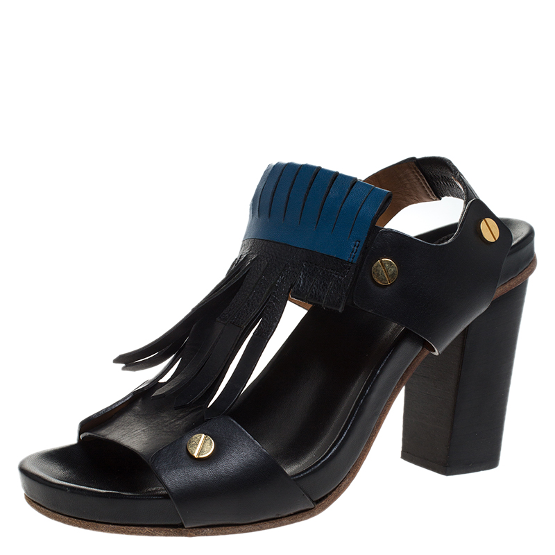 Image of Chloe Black Leather Fringes Block Heel Sandals Size .
