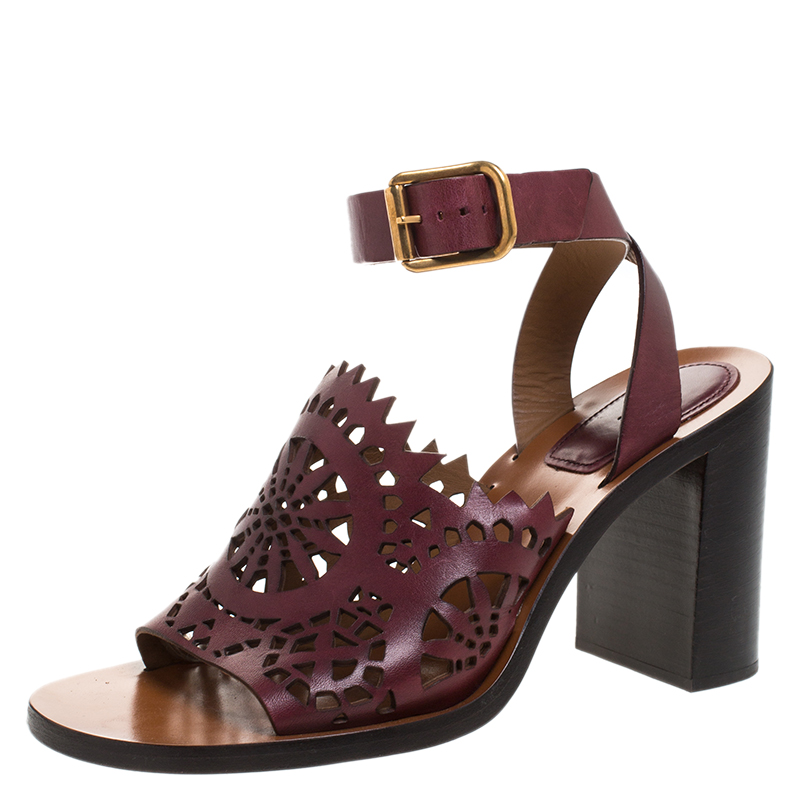 Image of Chloe Burgundy Leather Laser Cut Block Heel Ankle Strap Sandals Size
