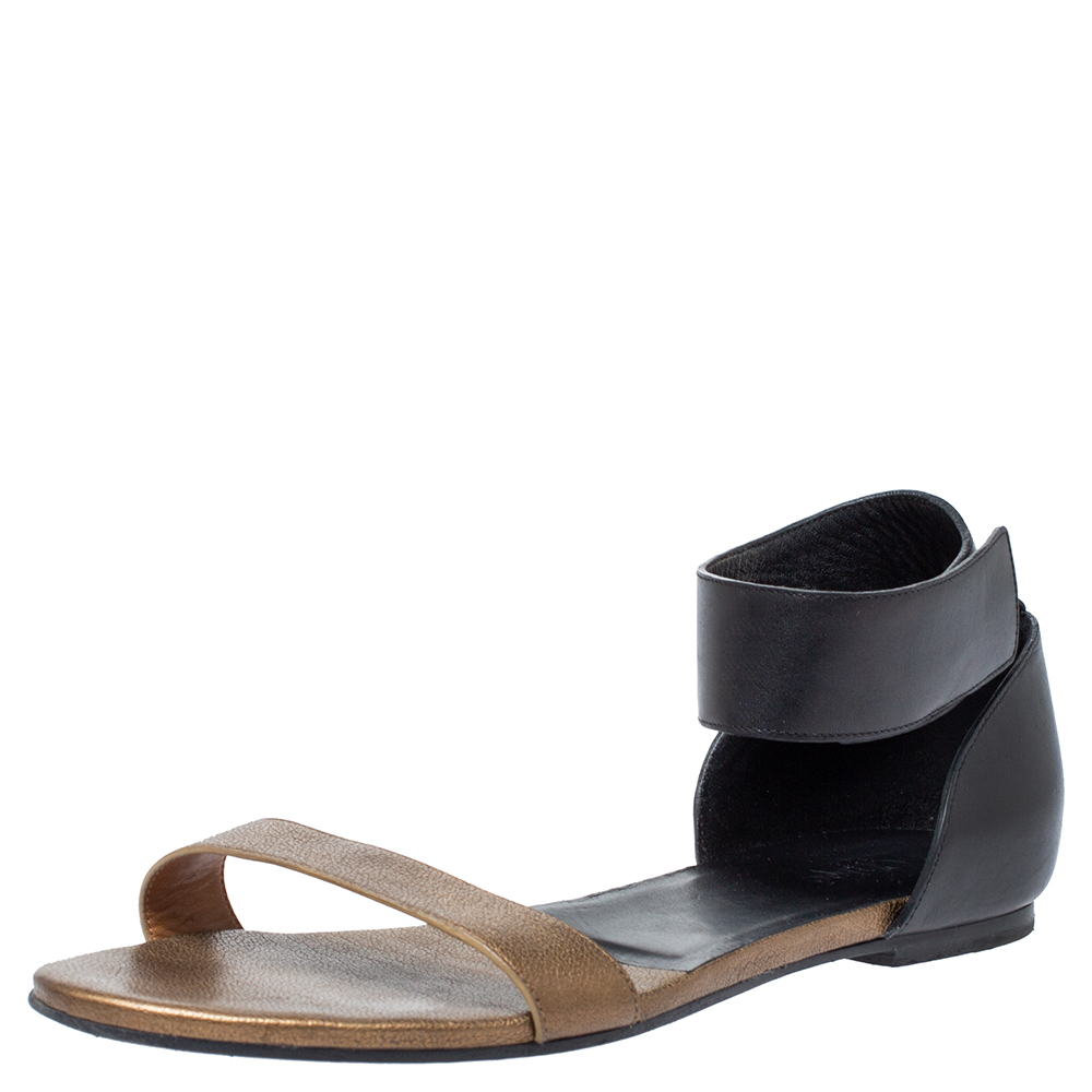 Image of Chloe Black/Brown Leather Ankle Cuff Flat Sandals Size