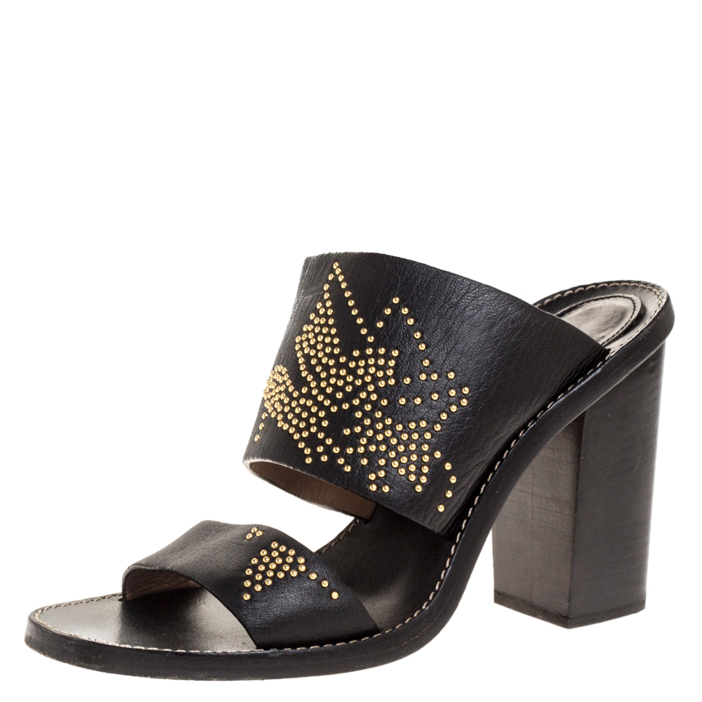 Image of Chloe Black Studded Leather Block Heel Slide Sandals Size .