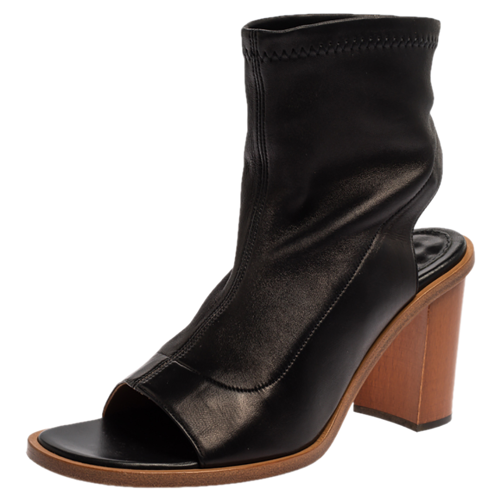 Image of Chloe Black Leather Open Toe Block Heel Ankle Length Sandals Size