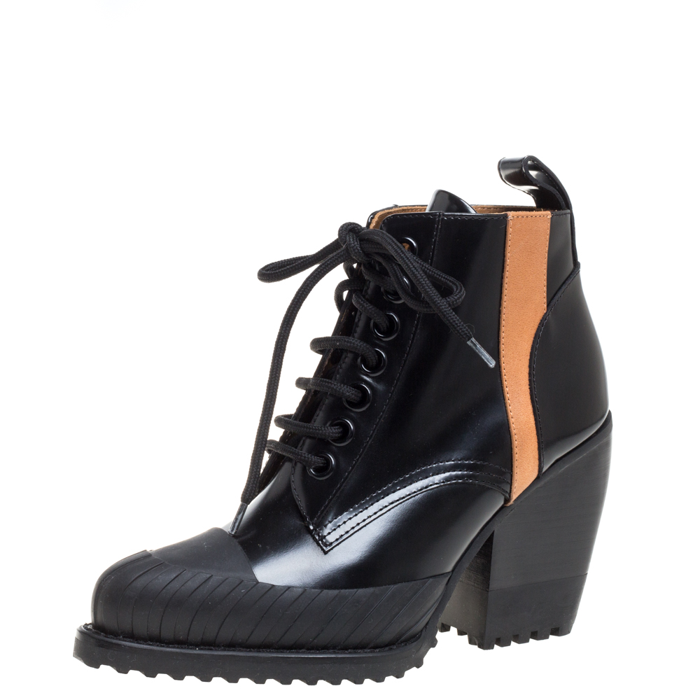 Image of Chlo&eacute; Black Leather Rylee Rubber Cap Toe Lace Up Ankle Boots Size