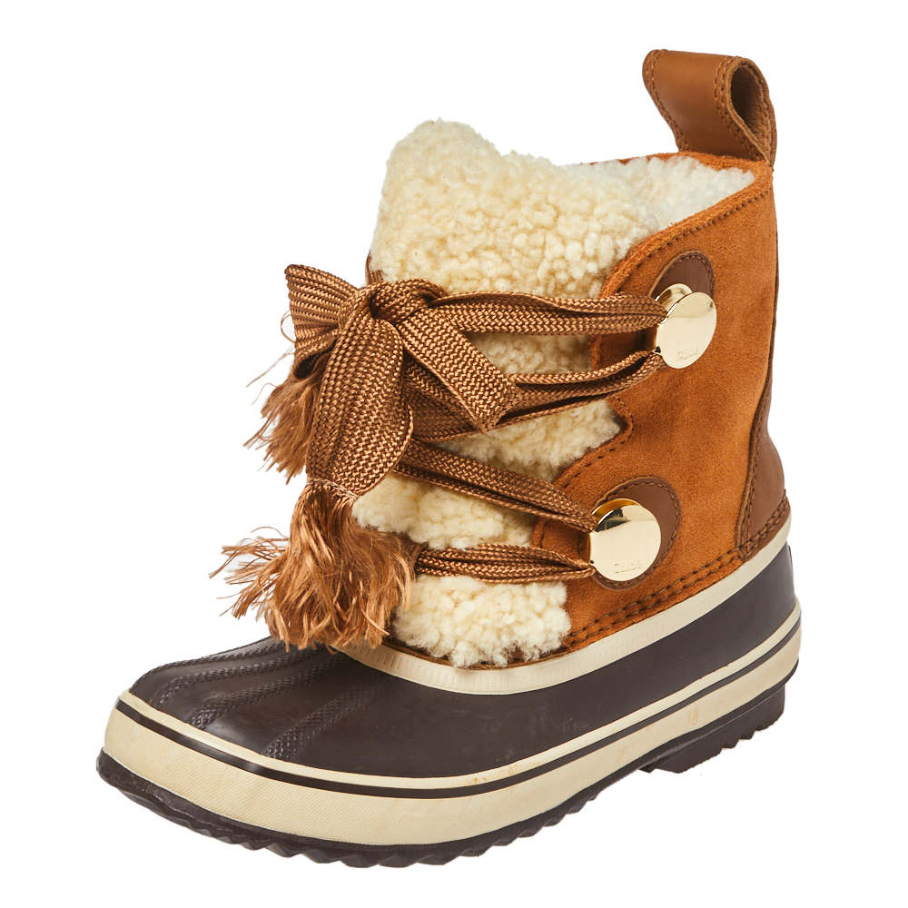 Image of Chloe Beige/Brown Suede Leather And Shearling Lace Up Ankle Boots Size .