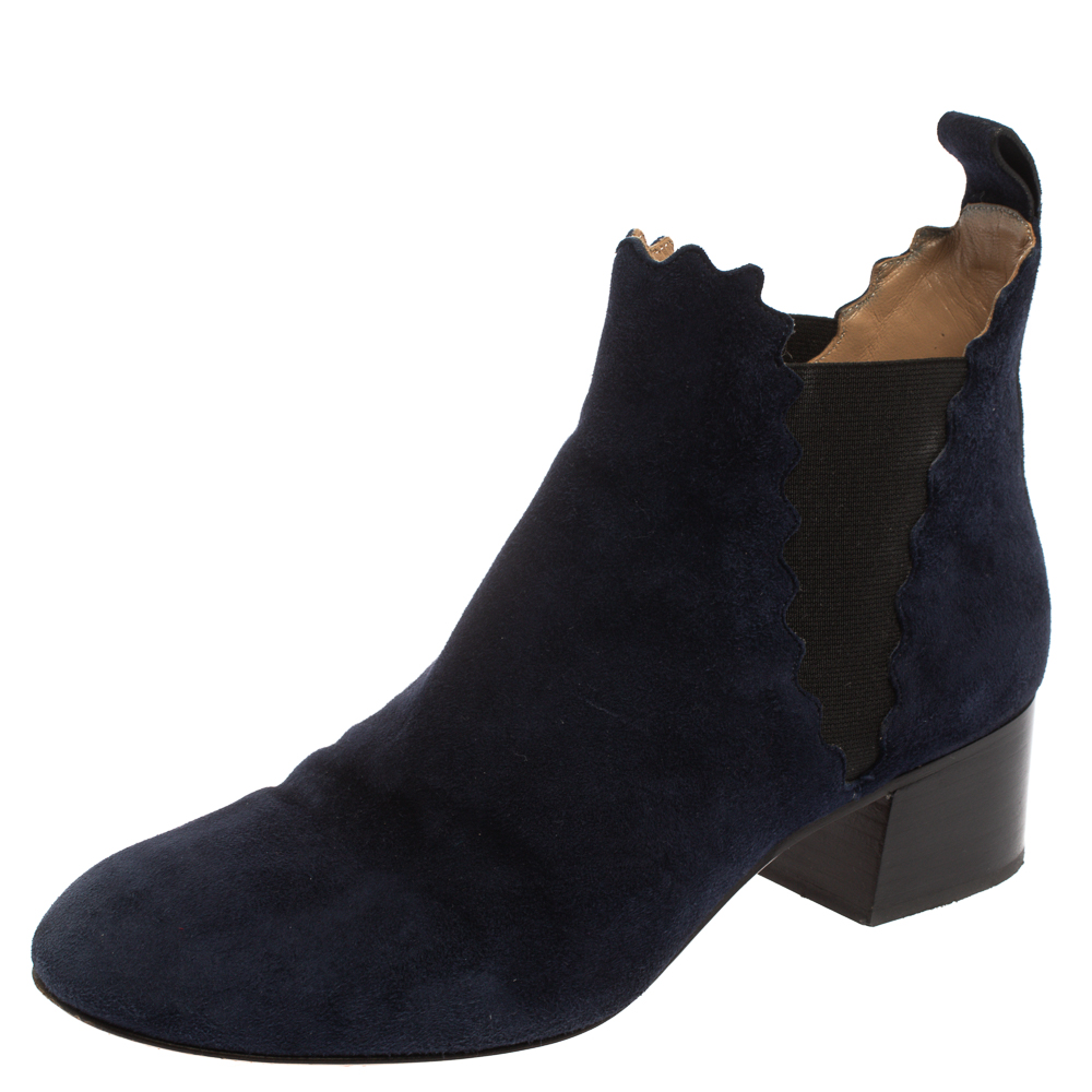 Image of Chloe Navy Blue Suede Lauren Block Heels Ankle Boots Size