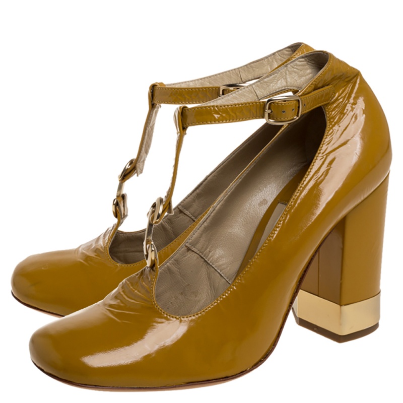 Chloe Yellow Leather T Strap Square Toe Pumps Size 37