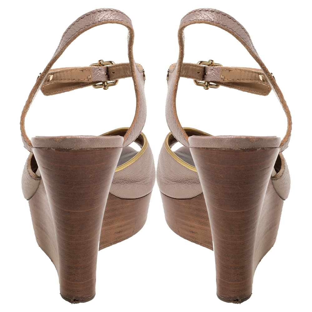 Chloe Metallic Peep Toe Ankle Strap Wooden Wedge Platform Sandals Size 37
