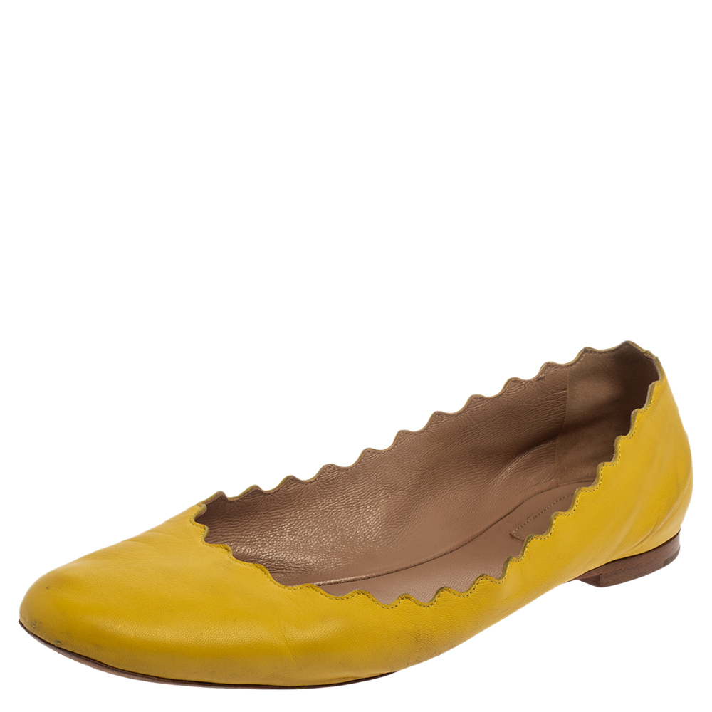 Chloe Yellow Leather Lauren Scalloped Ballet Flats Size 39