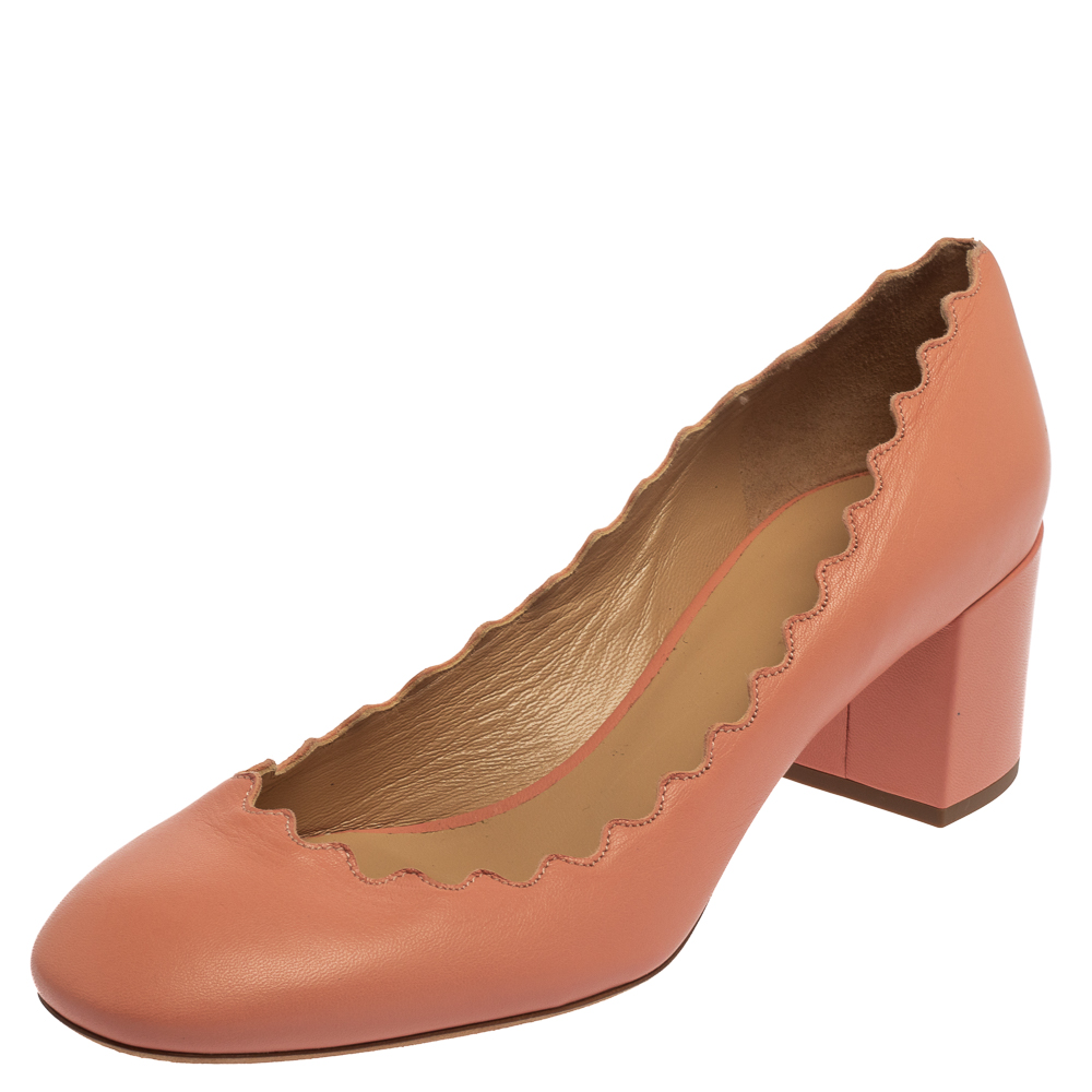 Chloe Pink Leather Scalloped Round Toe Pumps Size 37