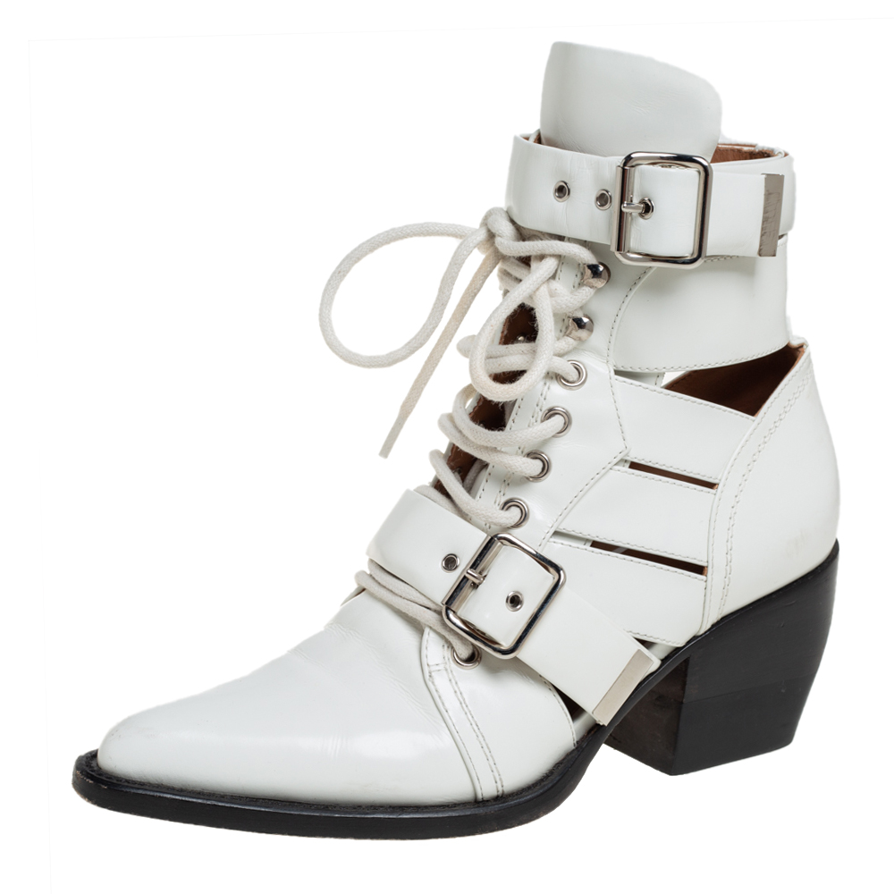 Chloe White Patent Leather Reilly Buckle Embellished Ankle Booties Size 37