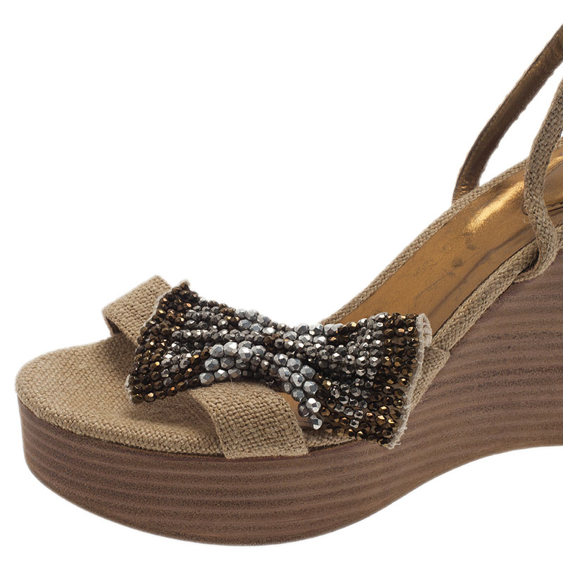 Chloe Beige Canvas Crystal Bow Ankle Strap Wedges Size 37