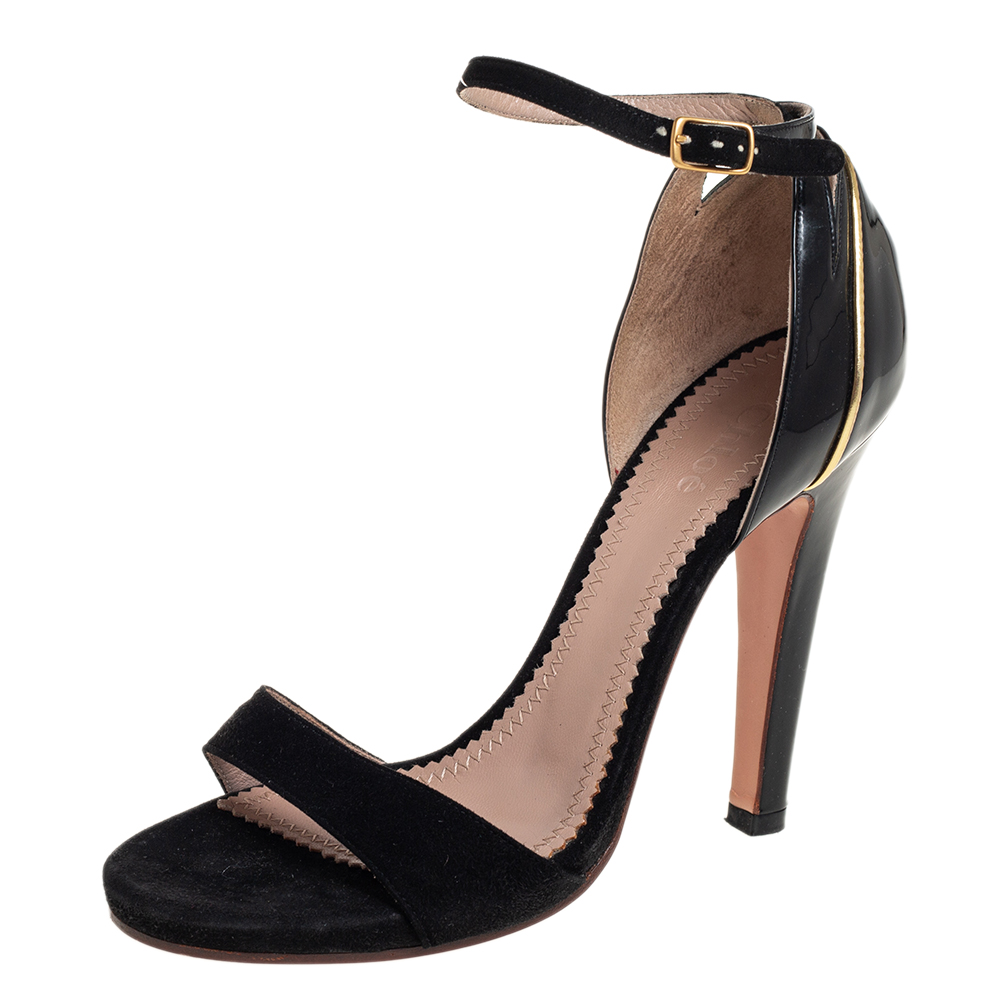 Chloé Black Suede And Patent Leather Ankle Strap Sandals Size 36