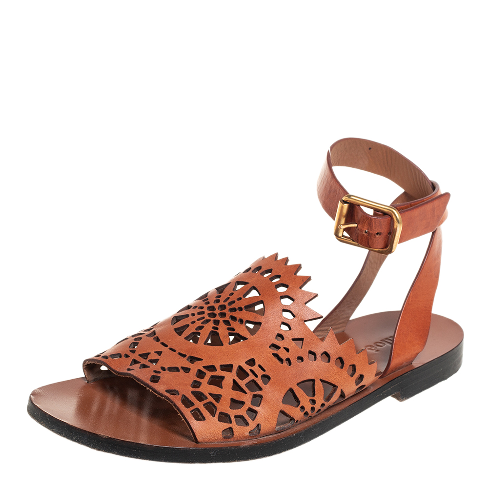 Chloe Brown Leather Laser Cut Ankle Strap Sandals Size 38.5
