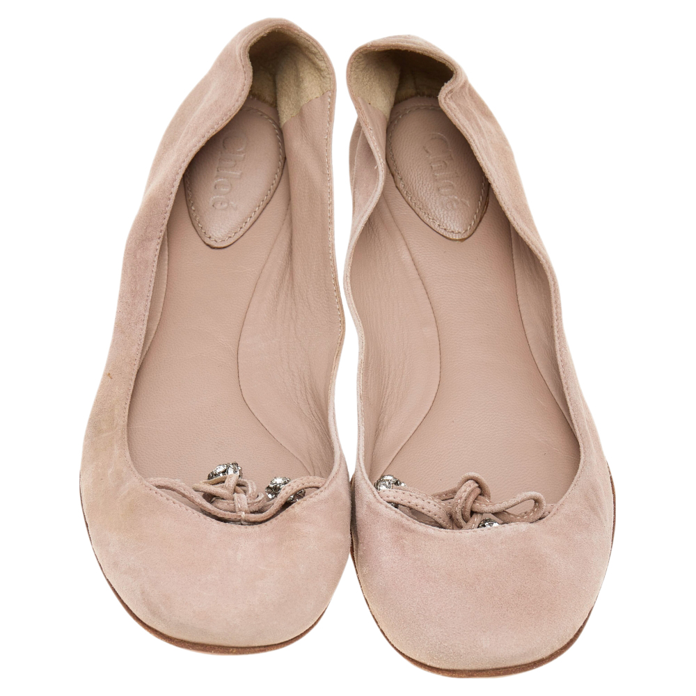 Chloe Beige Suede Embellished Bow Ballet Flats Size 36