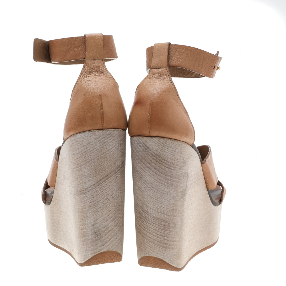 Chloe Tan Leather Wedge Crisscross Platform Sandals Size 37.5