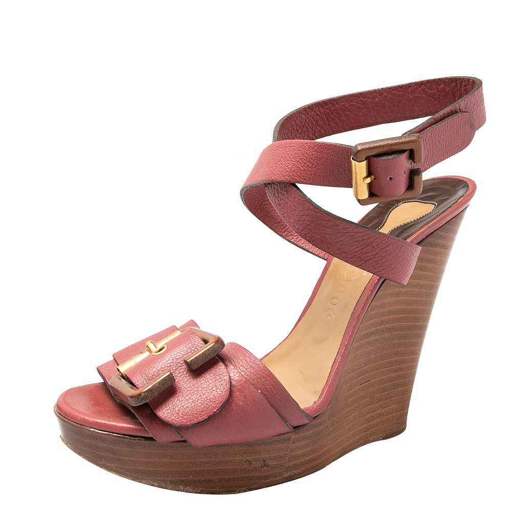 Chloe Red Leather Ankle Wrap  Wedge Sandals Size 40