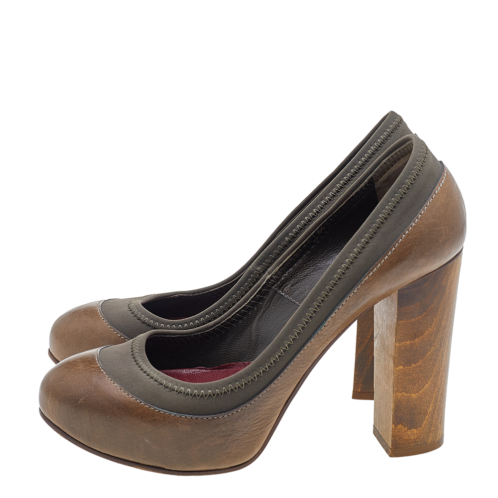Chloe Brown/Olive Green Leather And Fabric Block Heel Platform Pumps Size 36