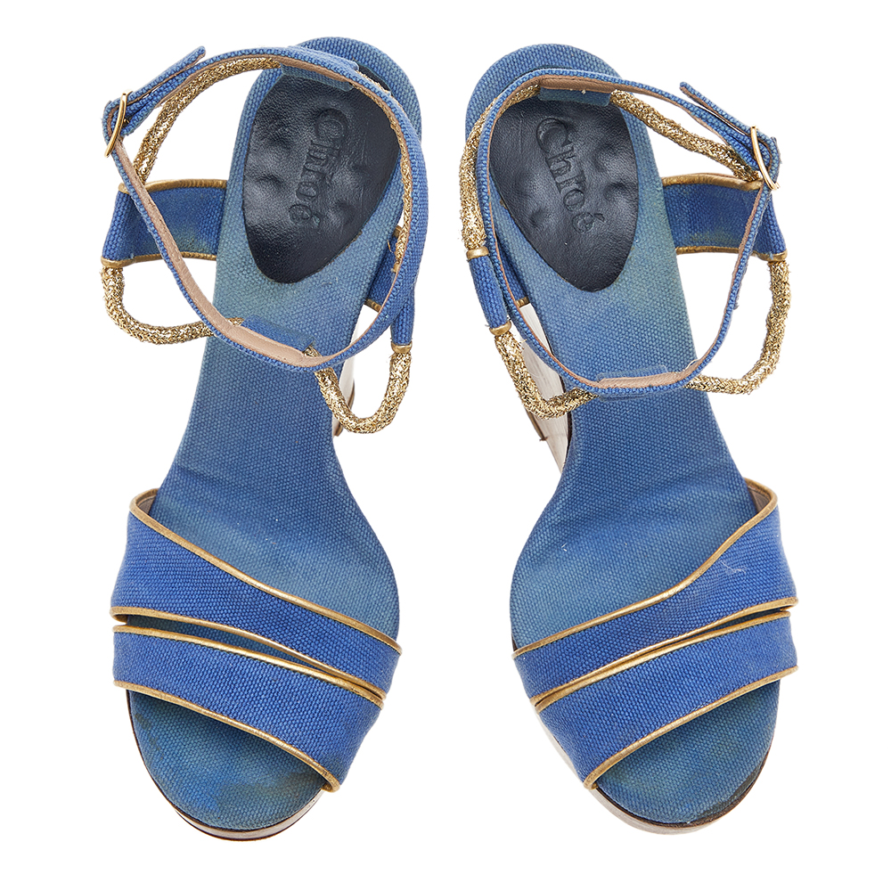 Chloe Blue/Gold Canvas And Leather Trim Wedge Platform Sandals Size 36