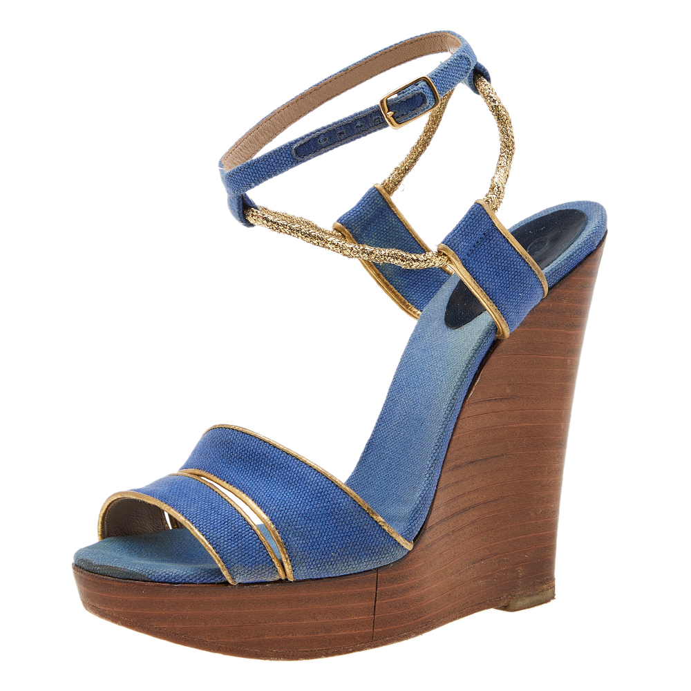 Chloe Blue/Gold Canvas And Leather Trim Wedge Platform Sandals Size 36