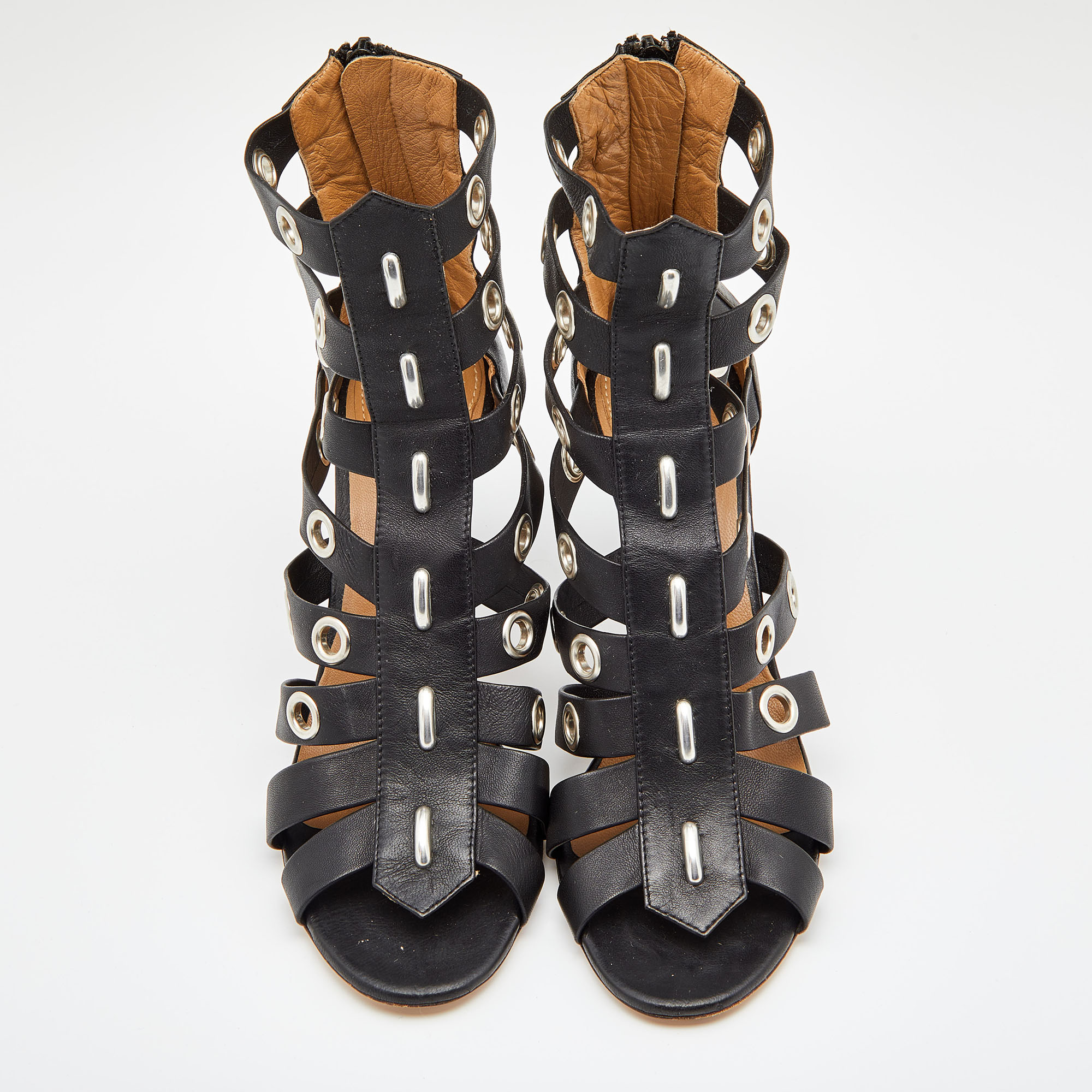 Chloe Black Leather Grommet Cage Sandals Size 38.5