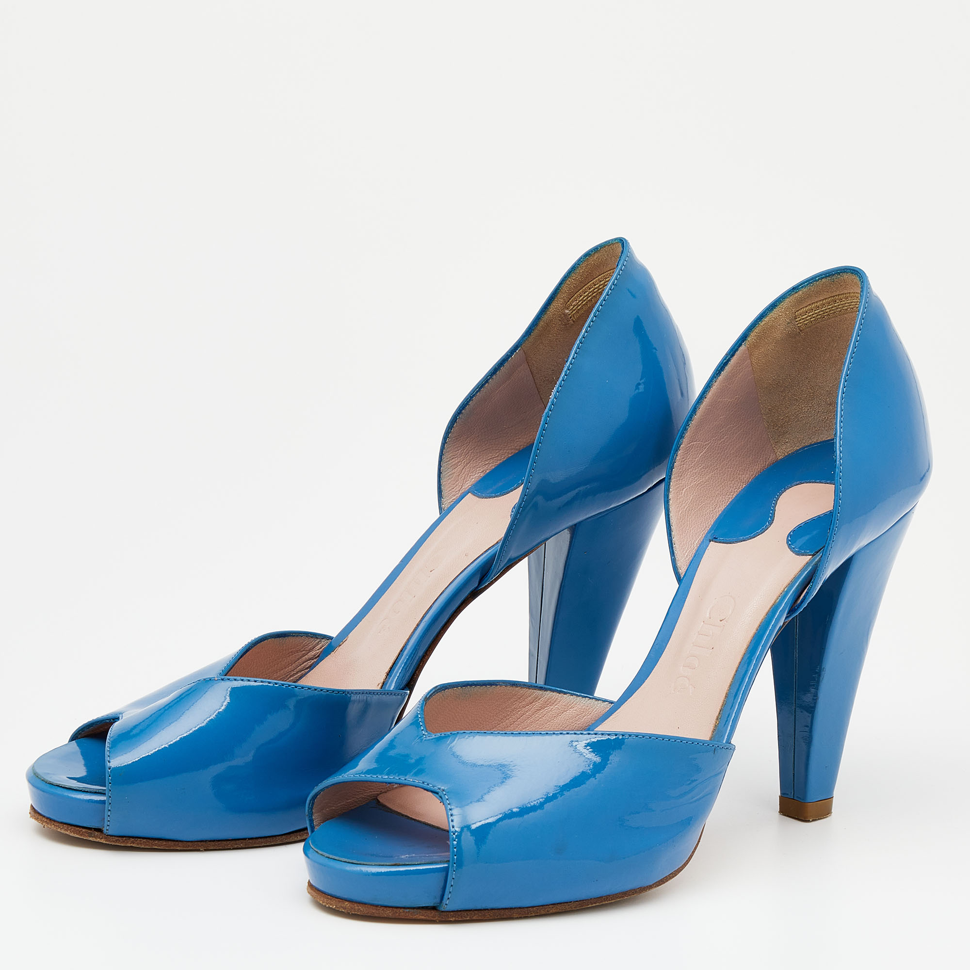 Chloe Blue Patent Leather Peep Toe D'orsay Pumps Size 36