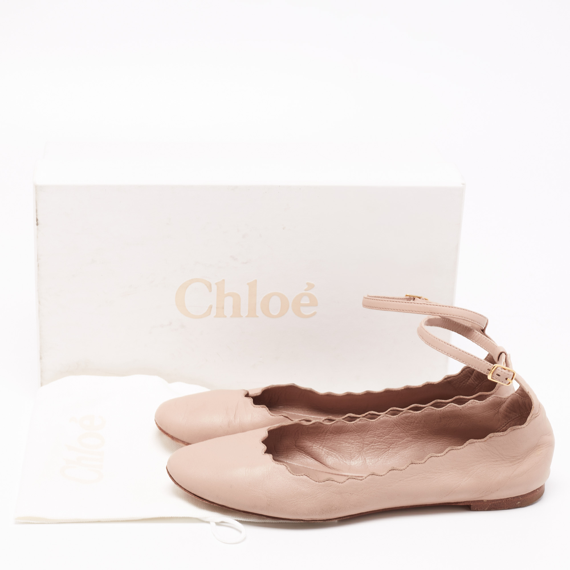 Chloe Beige Leather Lauren Scalloped Ankle Strap Ballet Flats Size 37