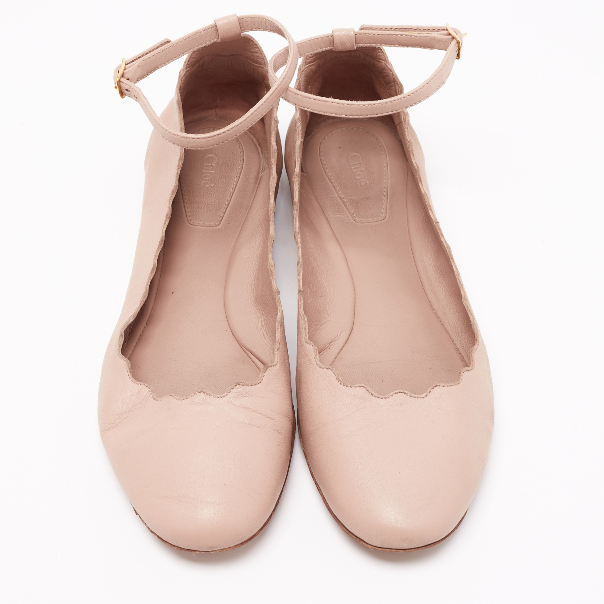 Chloe Beige Leather Lauren Scalloped Ankle Strap Ballet Flats Size 37