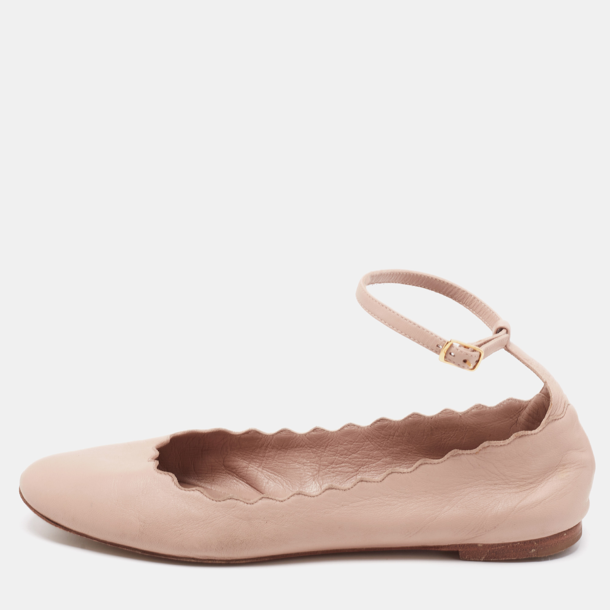 

Chloe Beige Leather Lauren Scalloped Ankle Strap Ballet Flats Size
