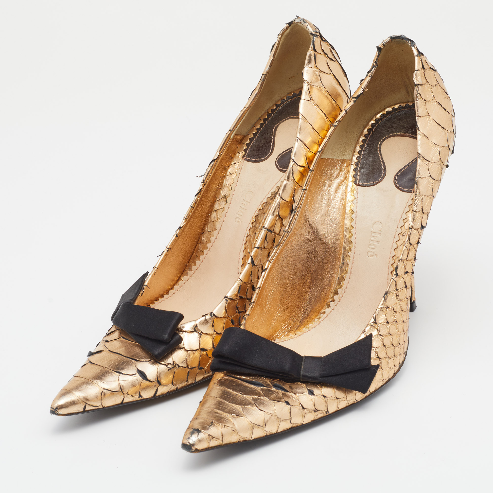 Chloe Metallic Gold Python Leather Bow Detail Pointed Toe Pumps Size 38.5