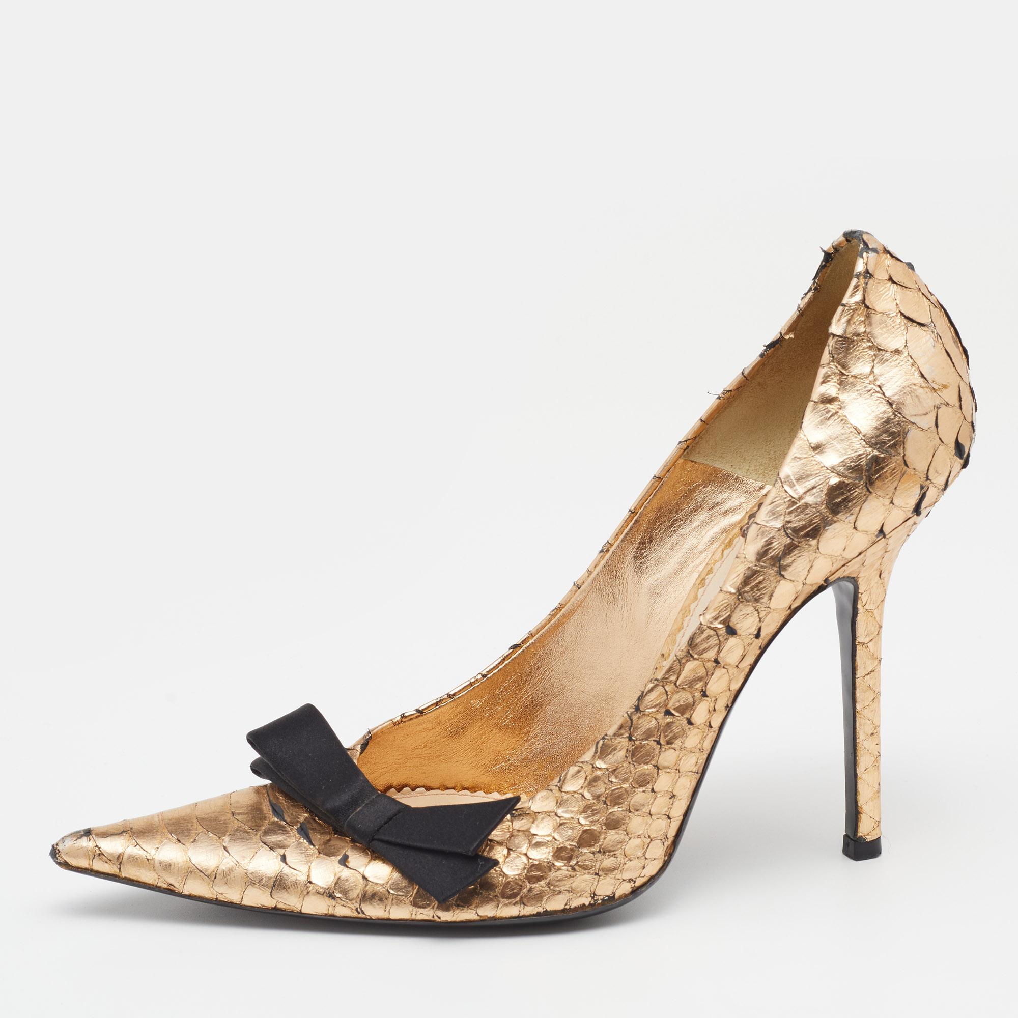 Chloe Metallic Gold Python Leather Bow Detail Pointed Toe Pumps Size 38.5