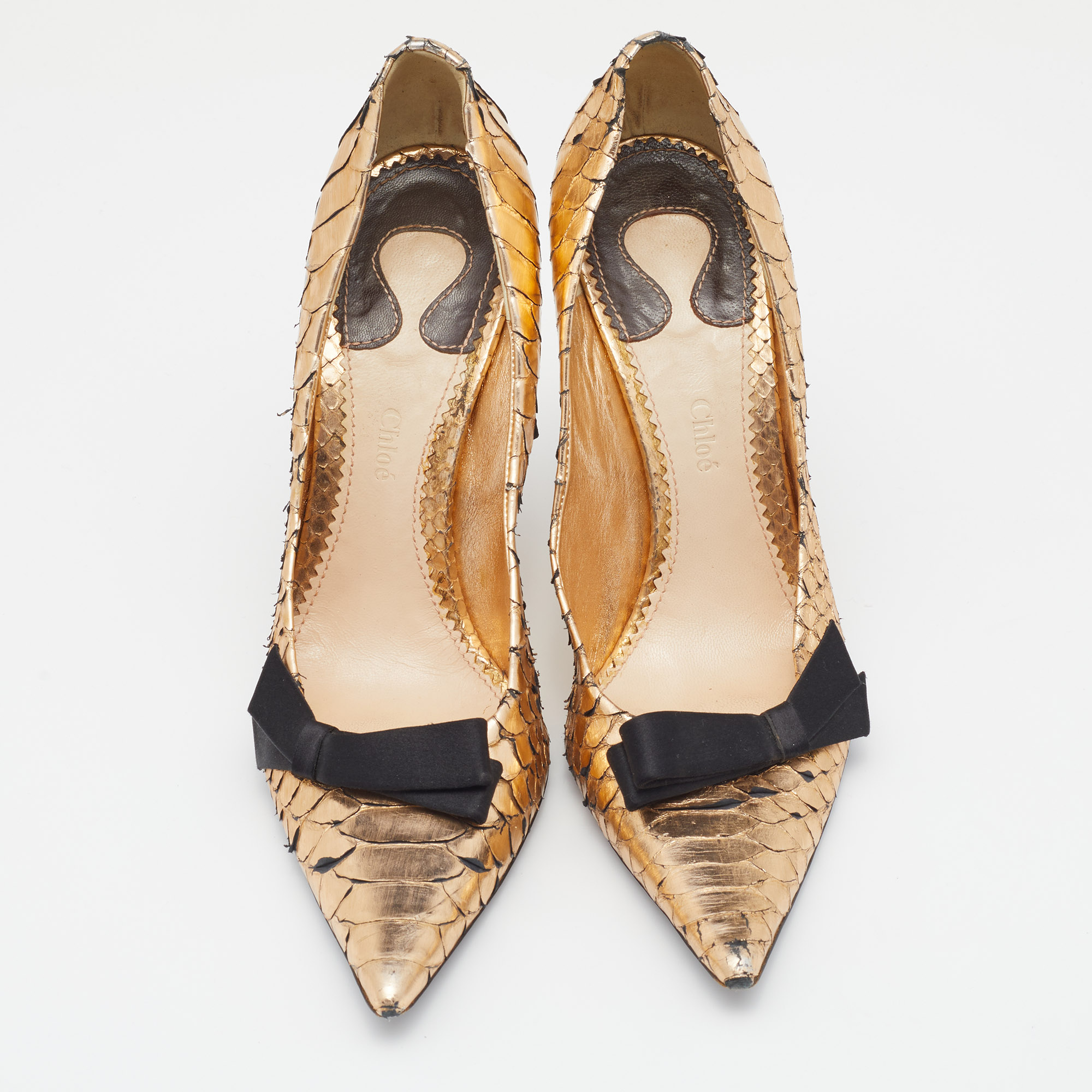 Chloe Metallic Gold Python Leather Bow Detail Pointed Toe Pumps Size 38.5