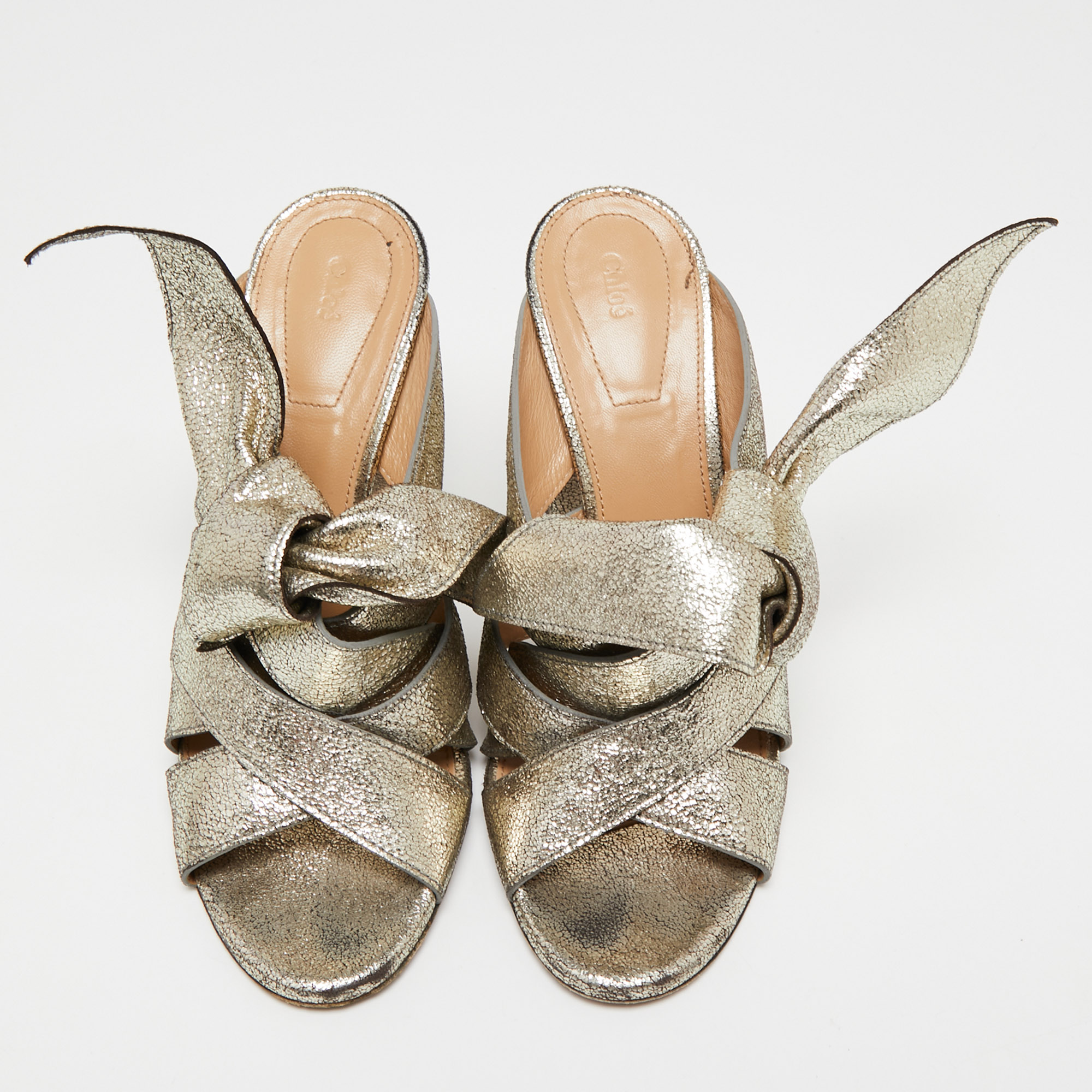 Chloe Light Gold Textured Leather Knot Detail Mules Size 39