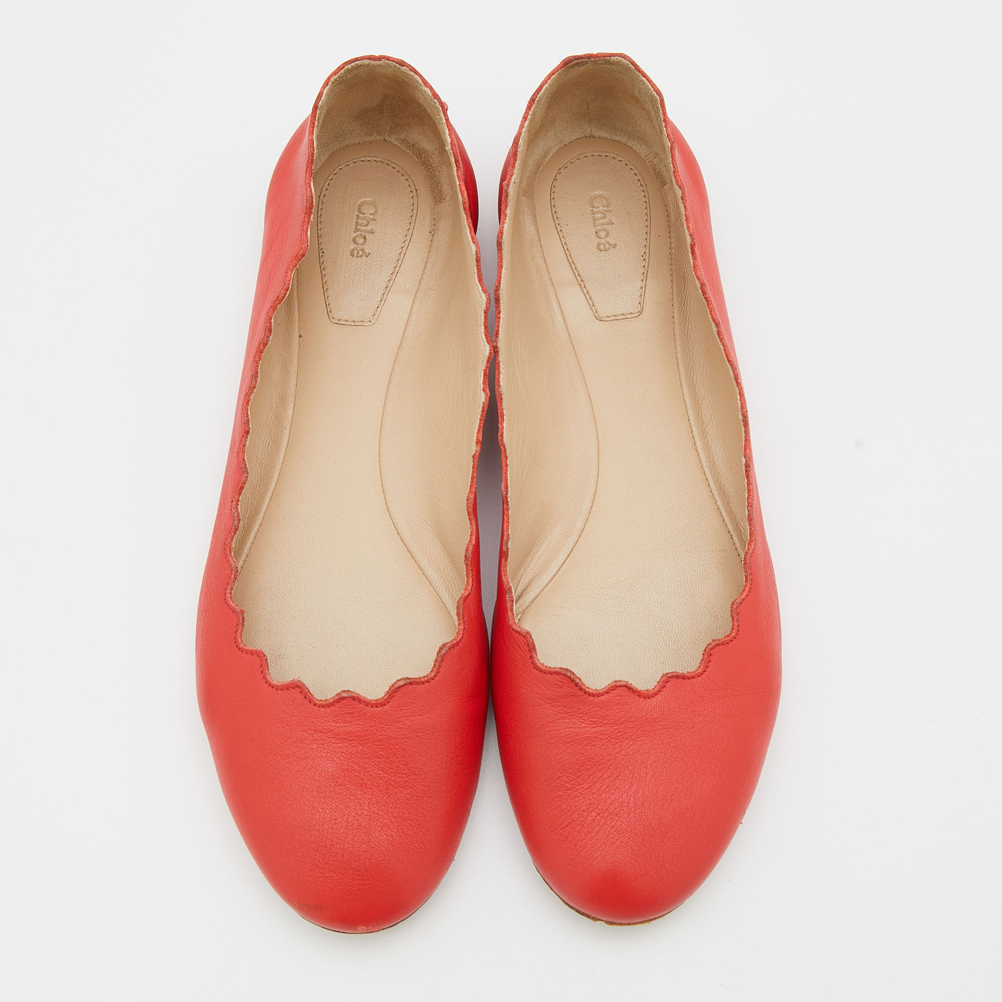 Chloe Coral Red Leather Lauren Scalloped Ballet Flats Size 36.5