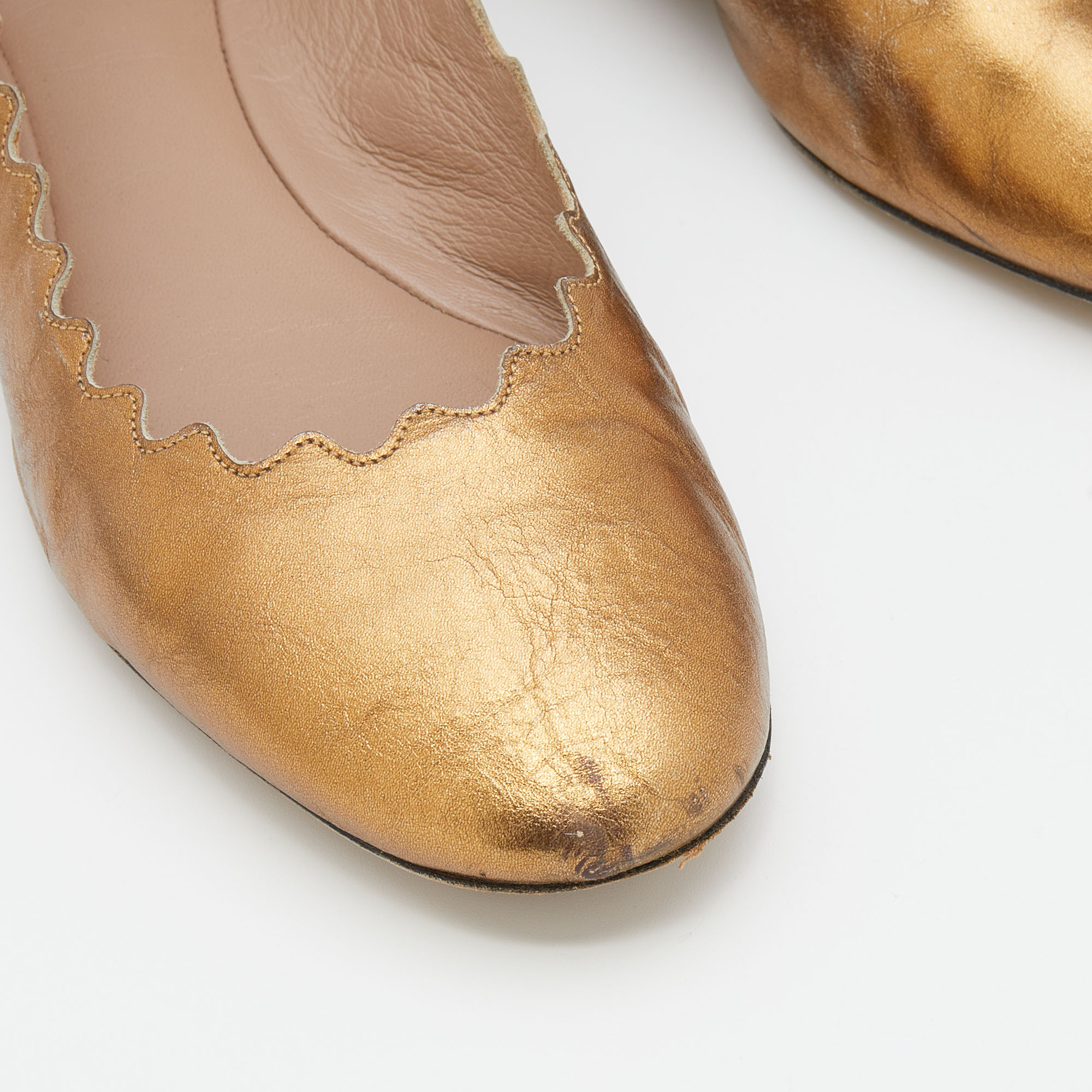 Chloe Gold Leather Lauren Scalloped Ballet Flats Size 36.5