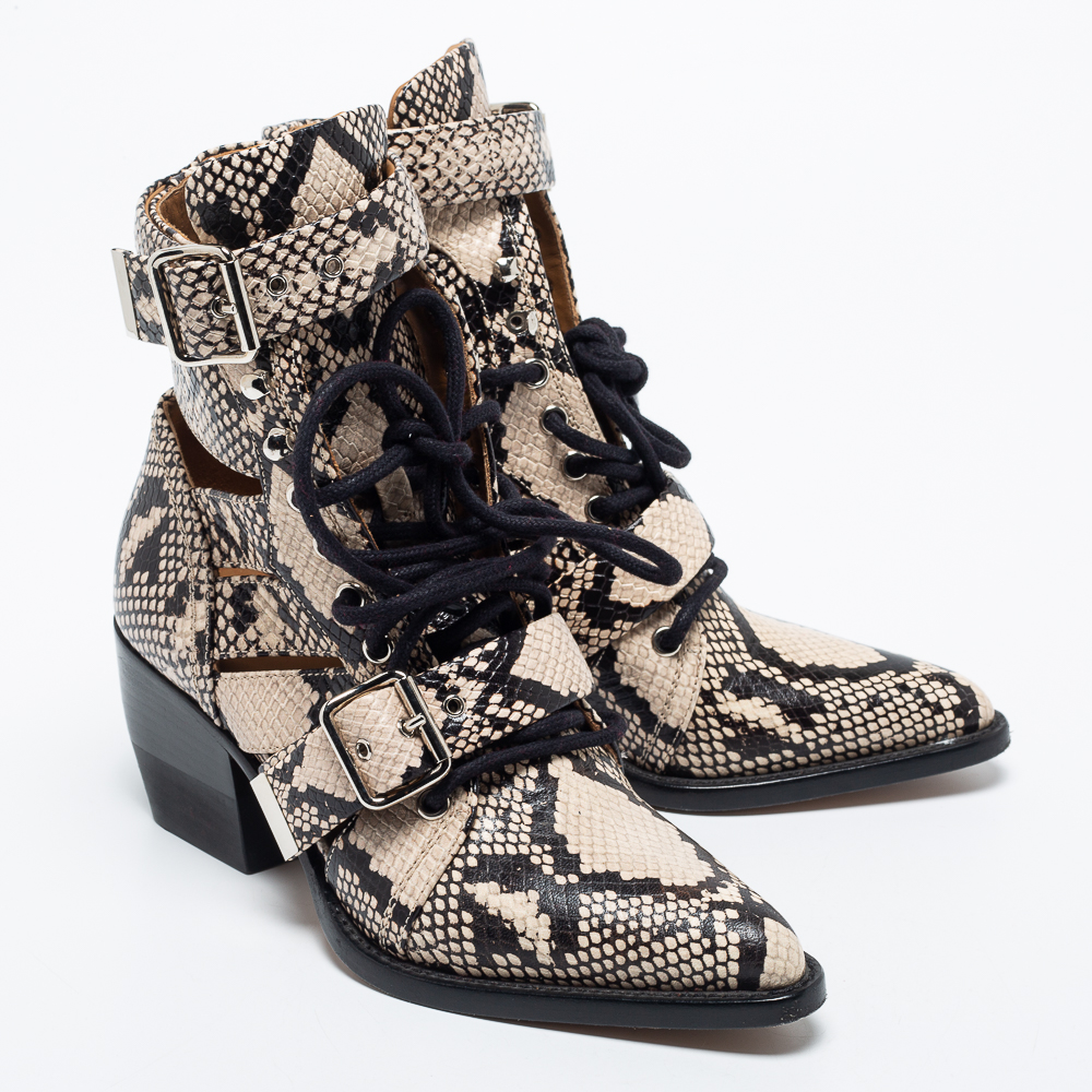 Chloe Beige/Black Python Embossed Leather Rylee 60 Ankle Boots Size 36.5