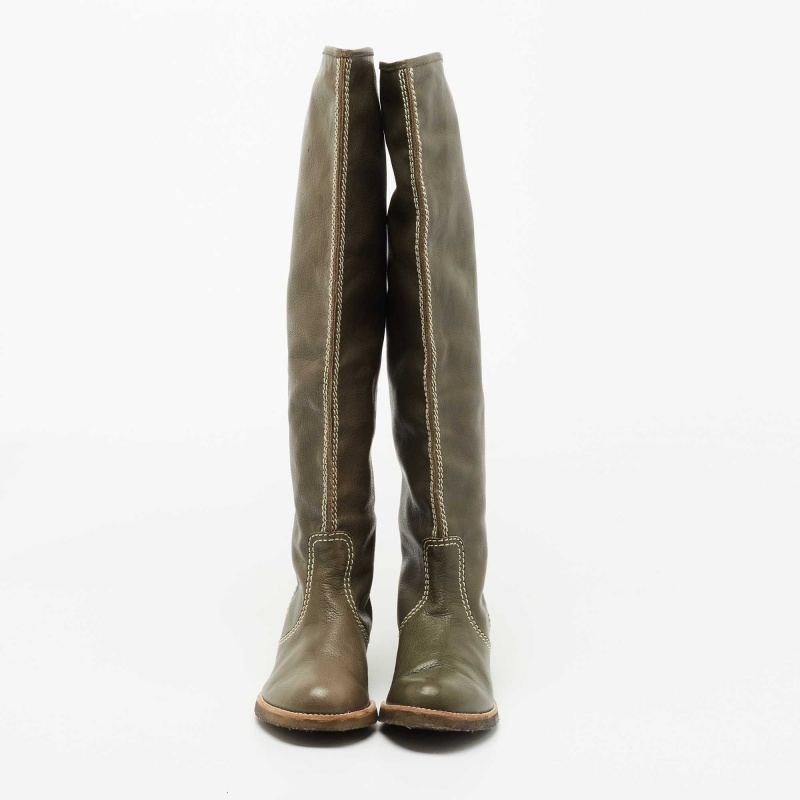 Chloe Green Leather Mallo Knee Length Boots Size 36
