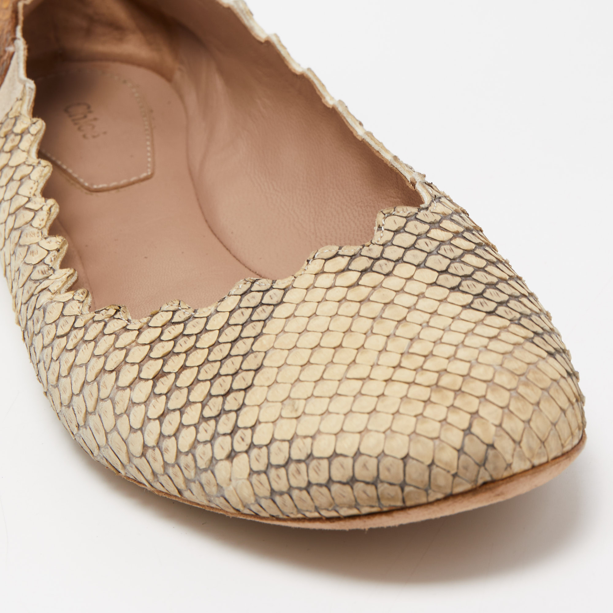 Chloe Cream/Brown Python Scalloped Accent Ballet Flats Size 38
