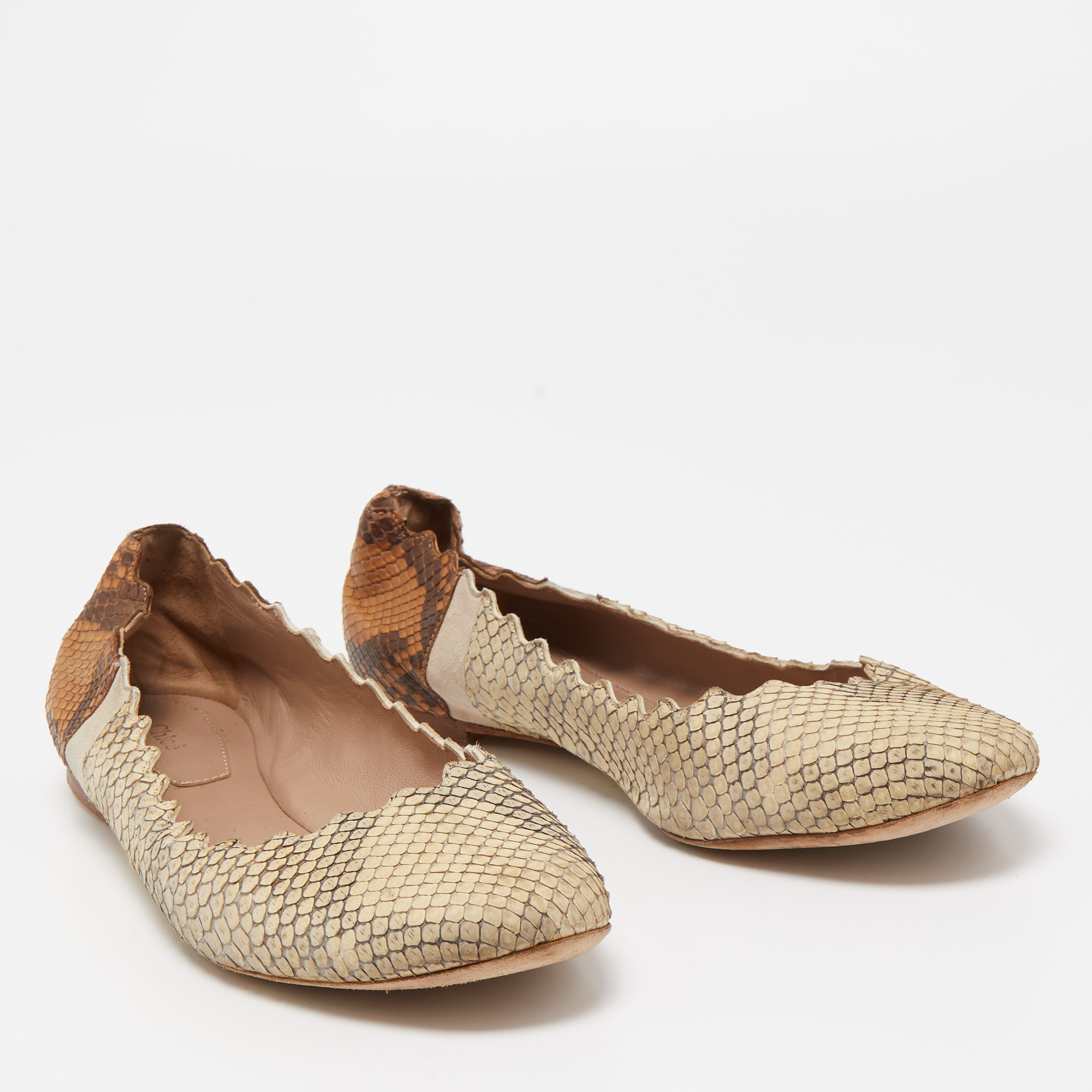 Chloe Cream/Brown Python Scalloped Accent Ballet Flats Size 38