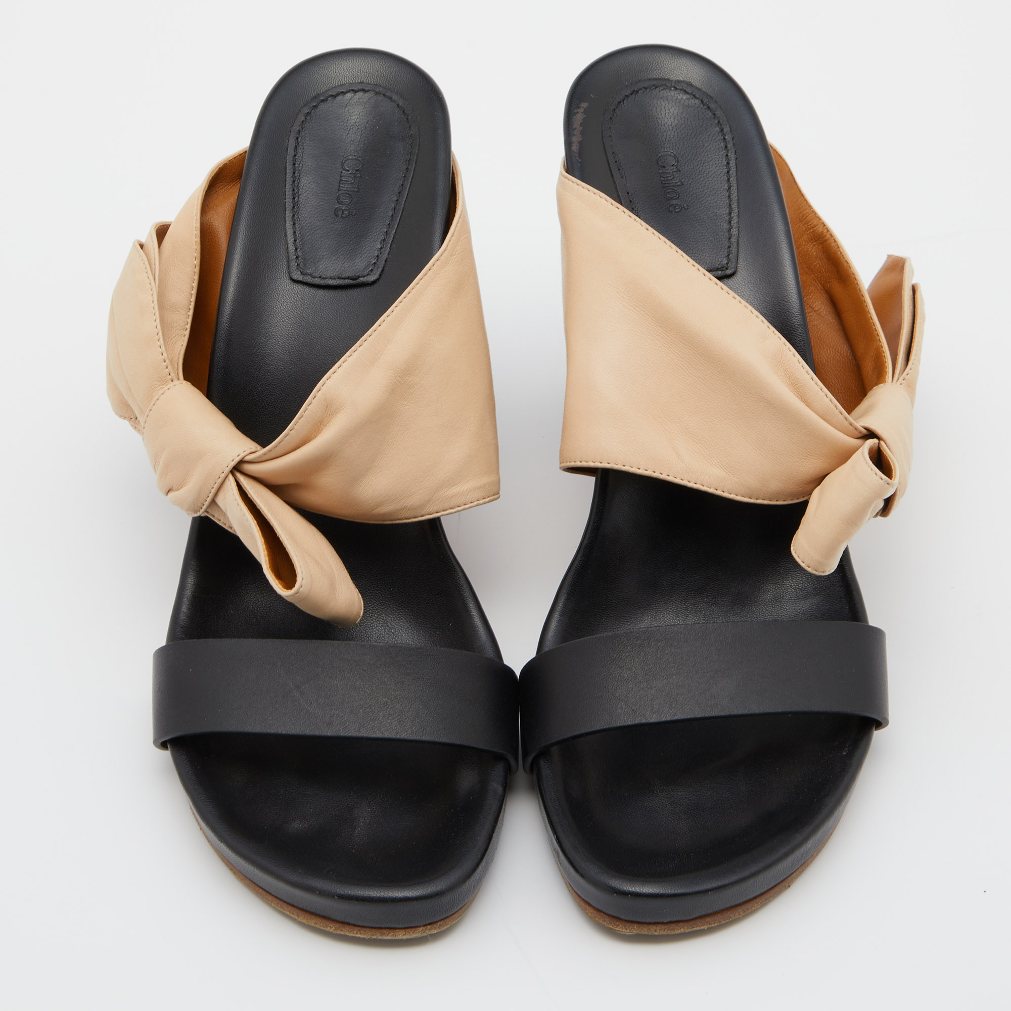 Chloe Black/Beige Leather Fod Flower Block Heel Sandals Size 40