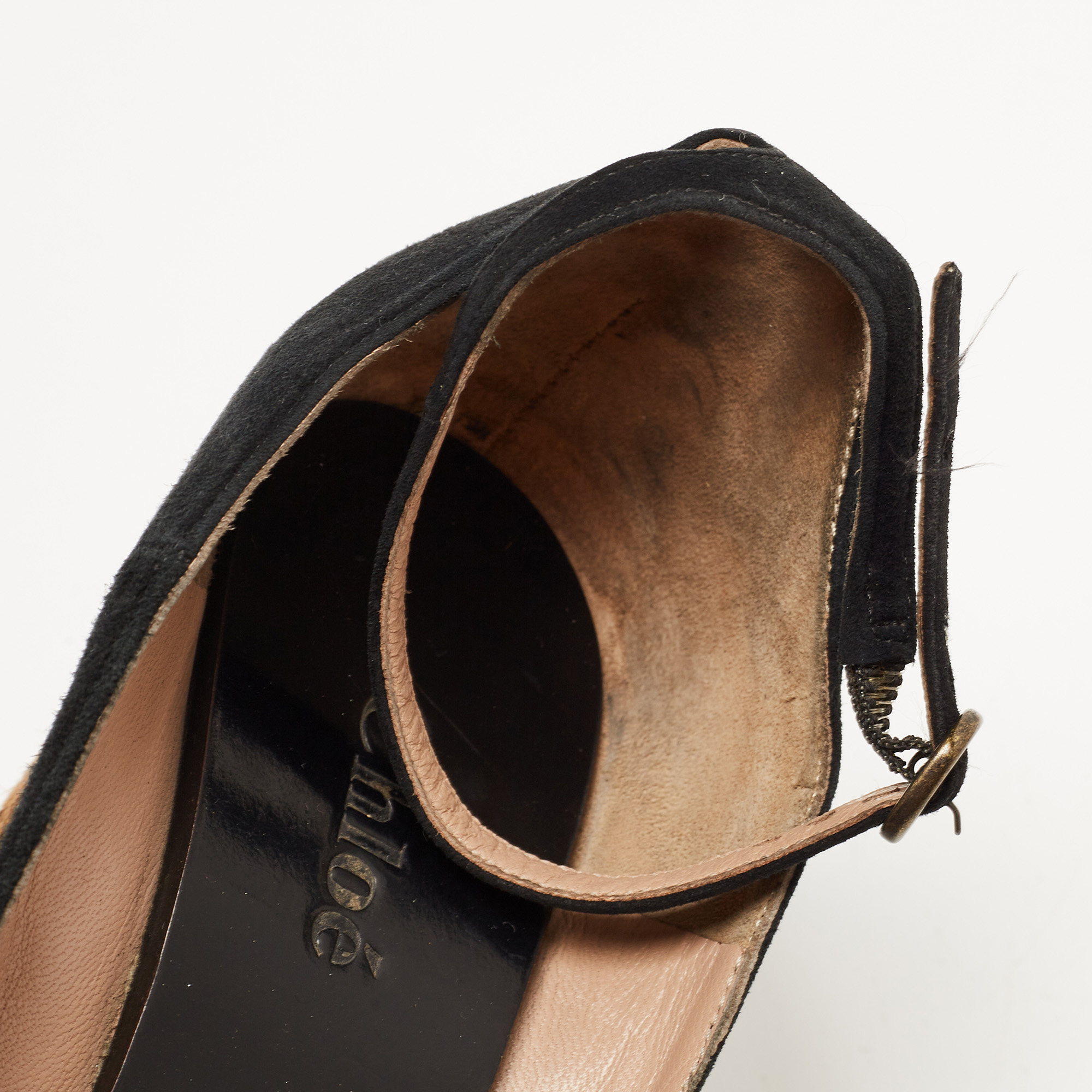 Chloe Black Suede Peep Toe Ankle Strap Printed Wedge Sandals Size 38