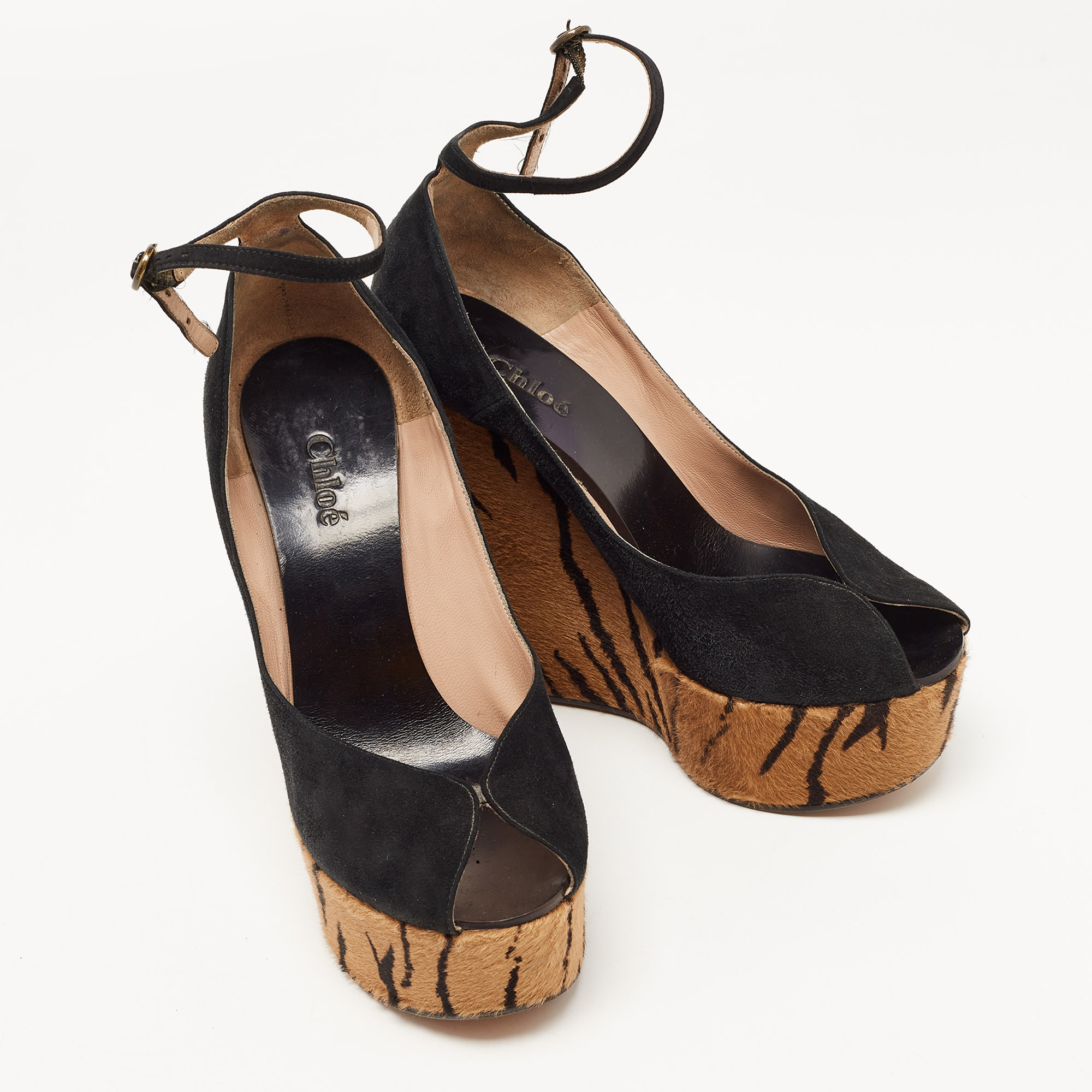Chloe Black Suede Peep Toe Ankle Strap Printed Wedge Sandals Size 38
