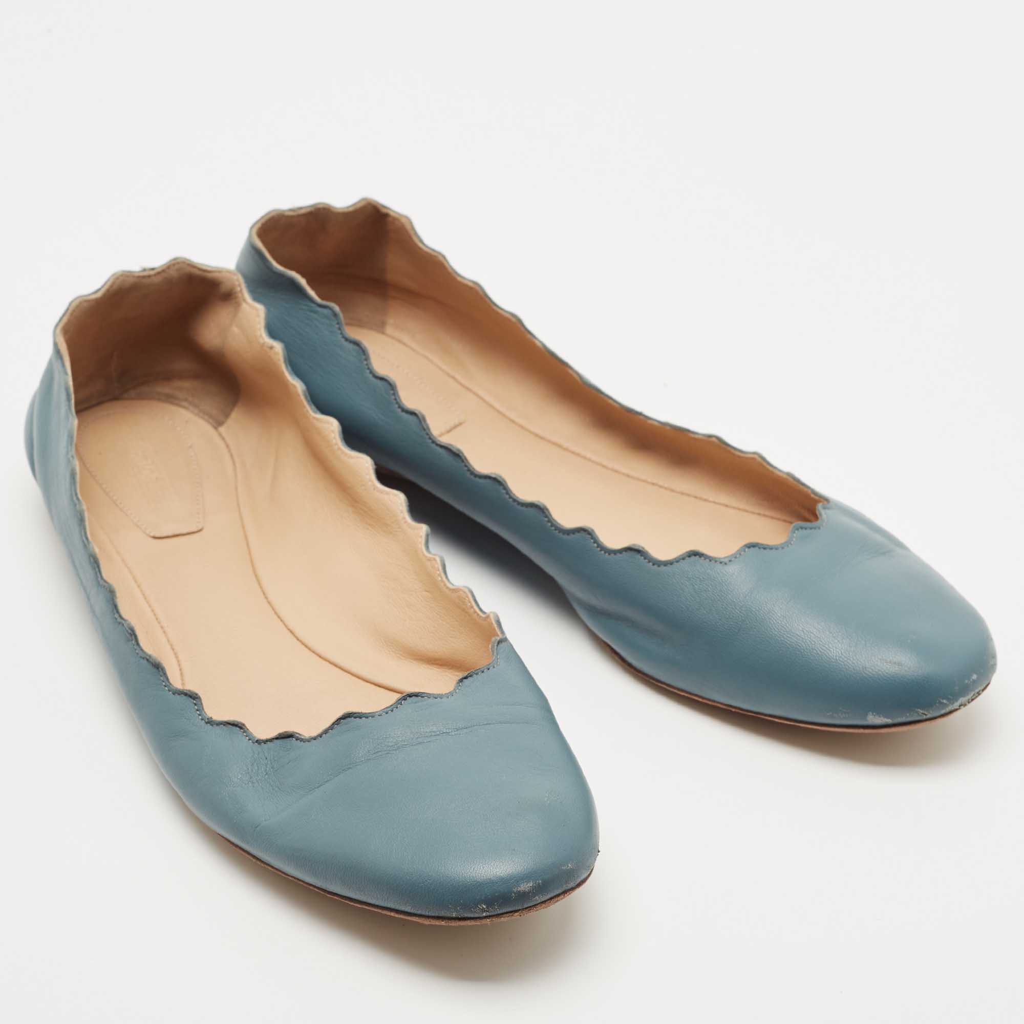 Chloe Blue Scalloped Leather Lauren Ballet Flats Size 40
