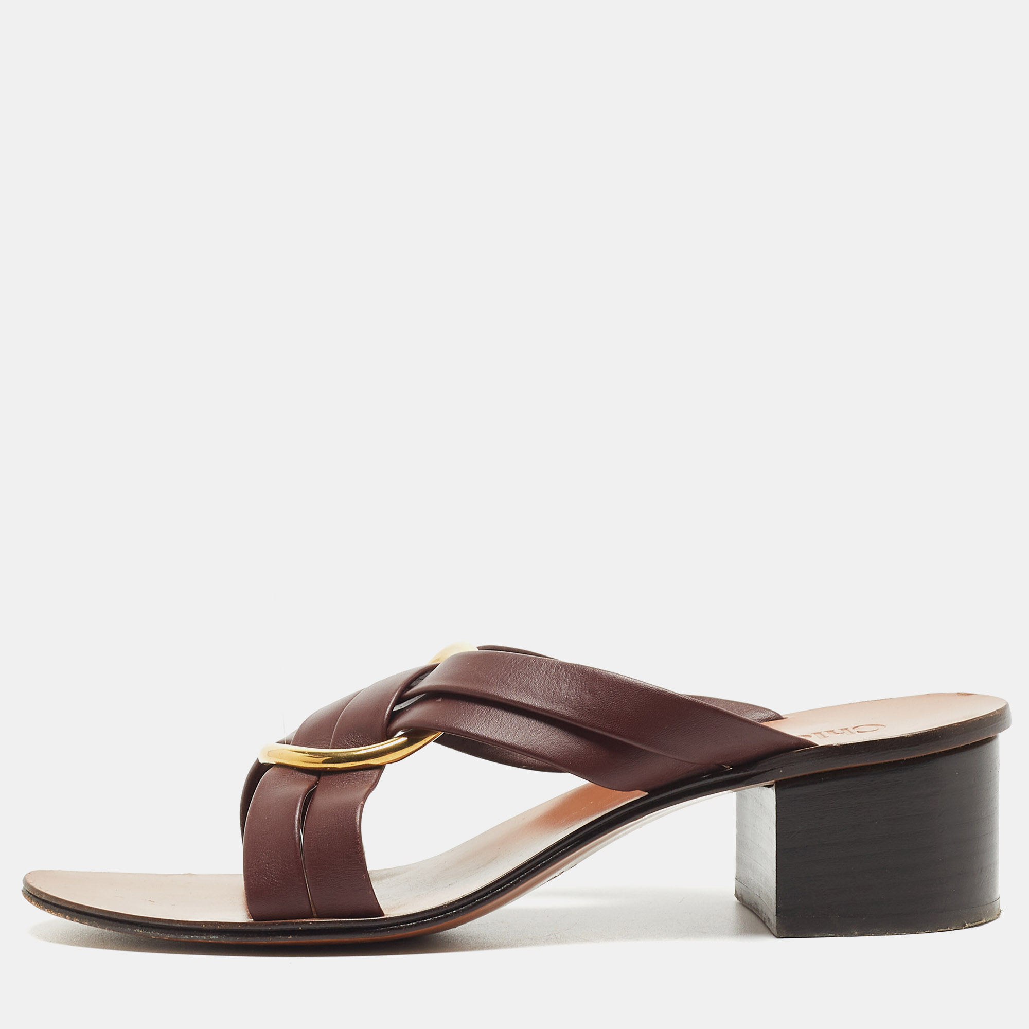 Chloe Burgundy Leather Rony Slide Sandals Size 39