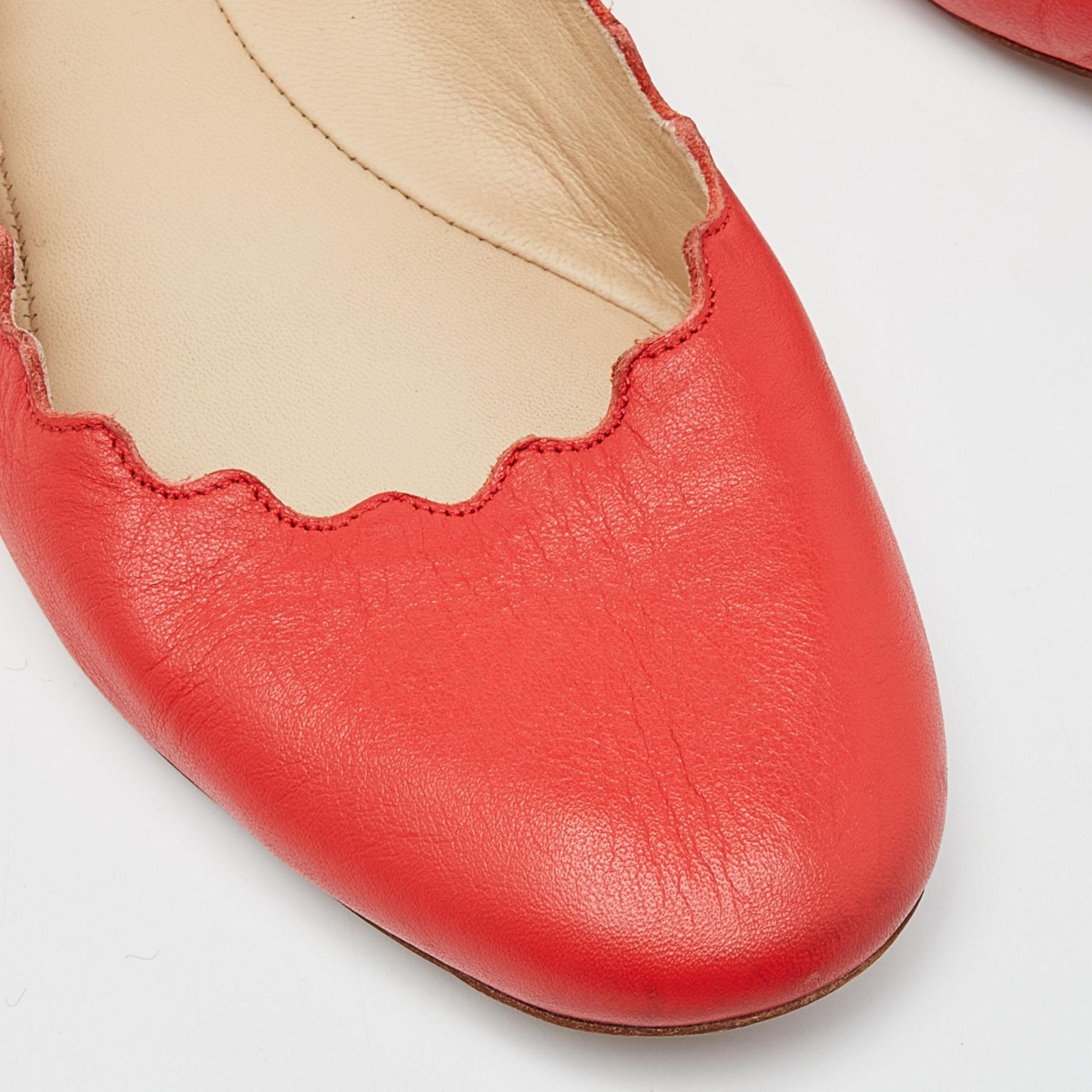 Chloé Red Leather Lauren Scalloped Ballet Flats Size 38