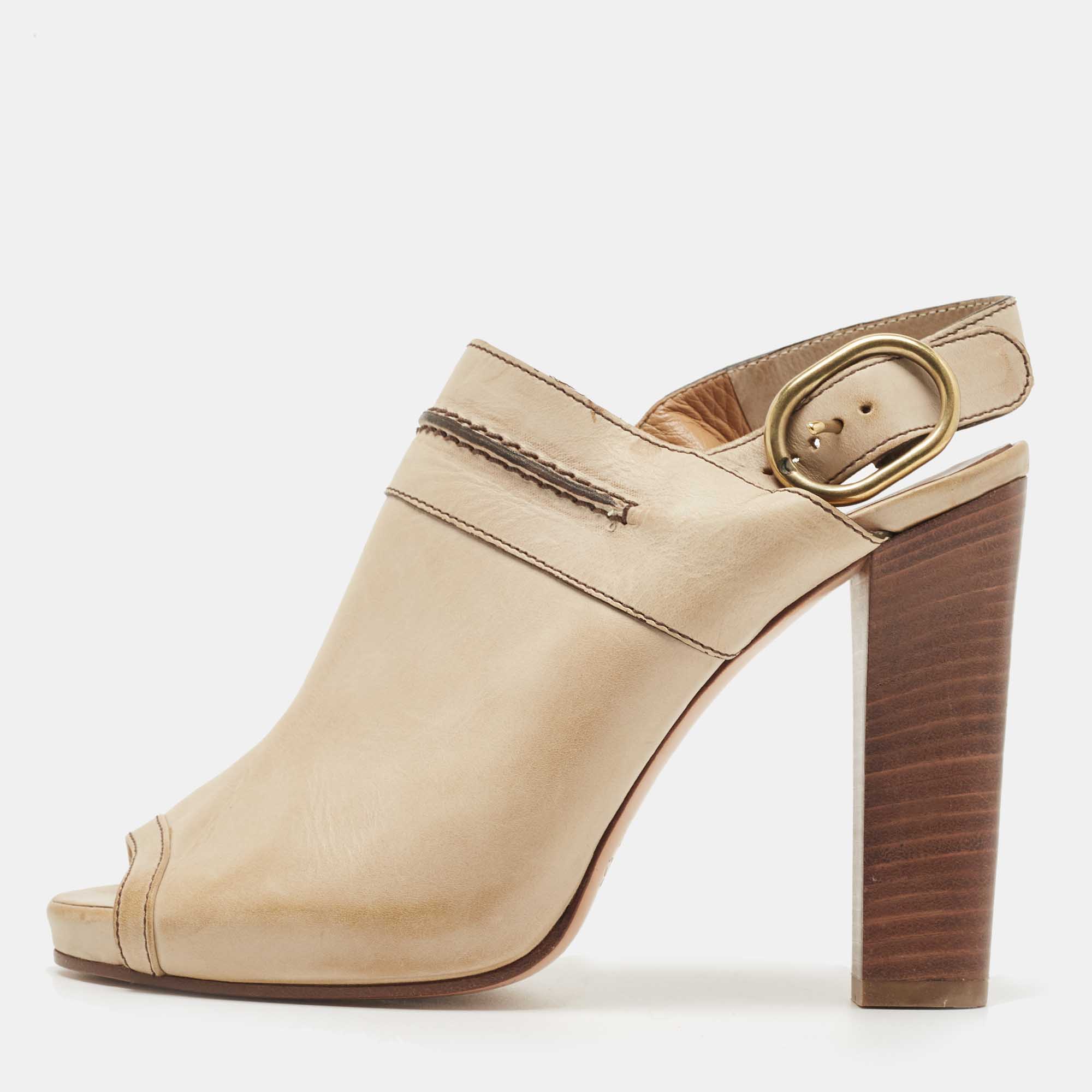 Chloe Beige Leather Peep Toe Slingback Sandals Size 37
