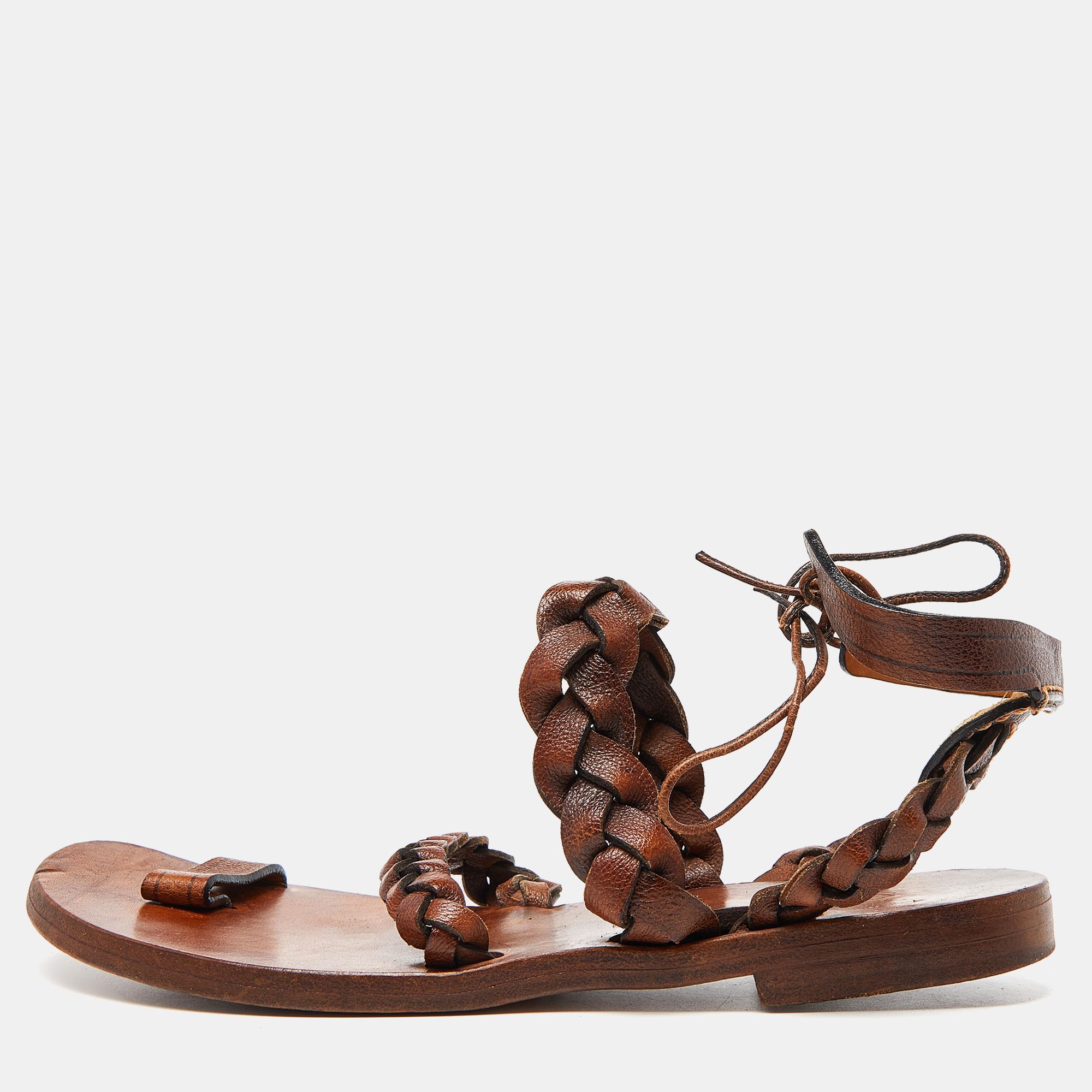 Chloe Brown Braided Leather Ankle Tie Flat Sandals Size 39