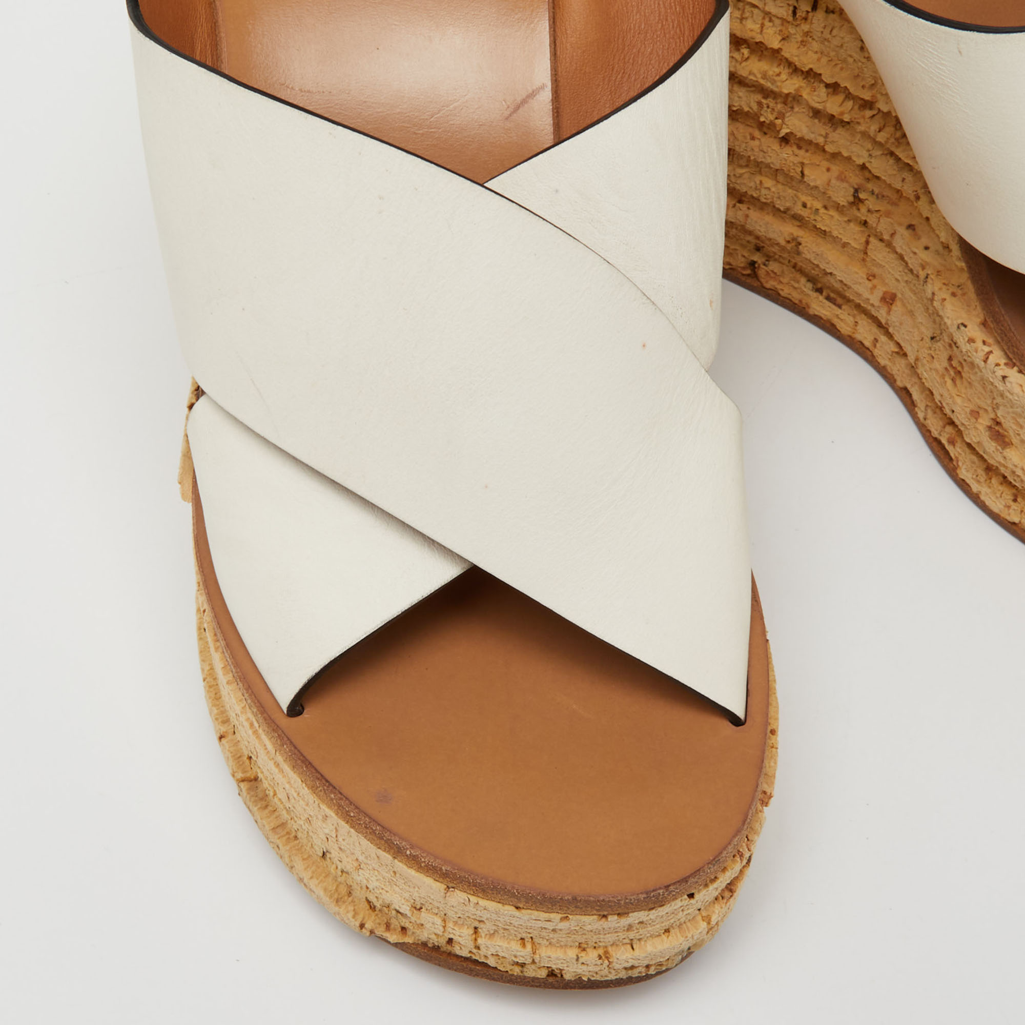 Chloe White/Tan Leather Cross Strap Wedge Platform Slingback Sandals Size 38