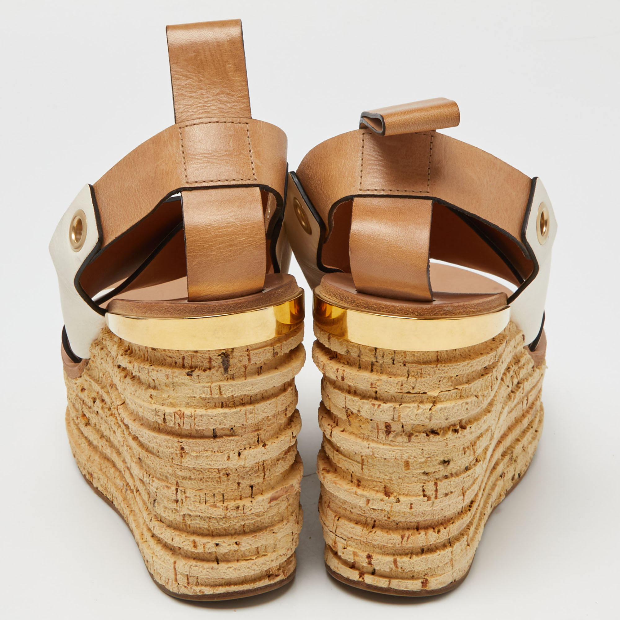 Chloe White/Tan Leather Cross Strap Wedge Platform Slingback Sandals Size 38