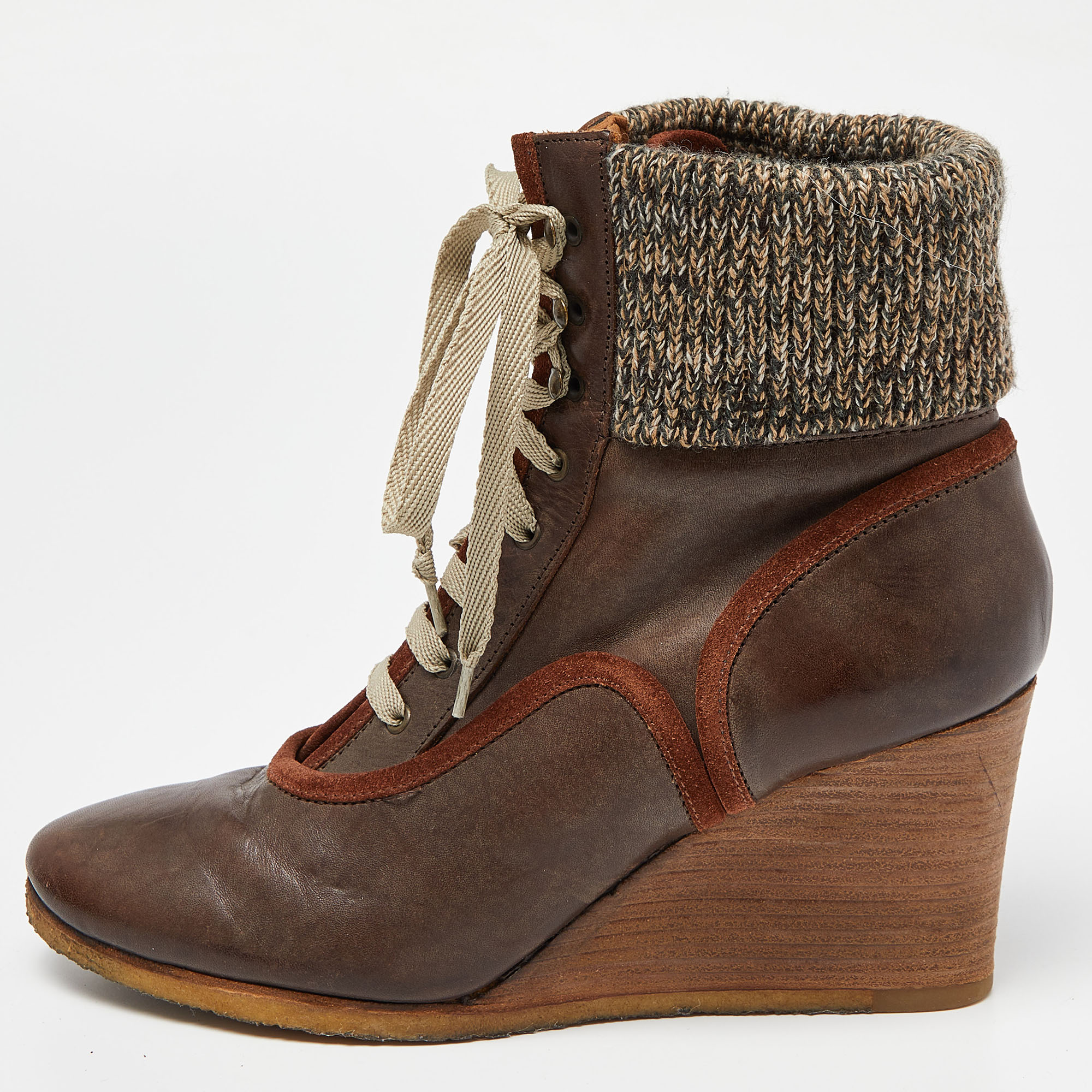 Chloe Brown Leather And Knit Fabric Wedge Ankle Boots Size 39